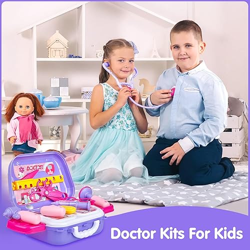 Miniatura 8 de GIFTINBOX Kit de médico para niños para niñas y niños, kit de médicos morados para niños, 22 piezas, juego de juguetes médicos con disfraz de médico