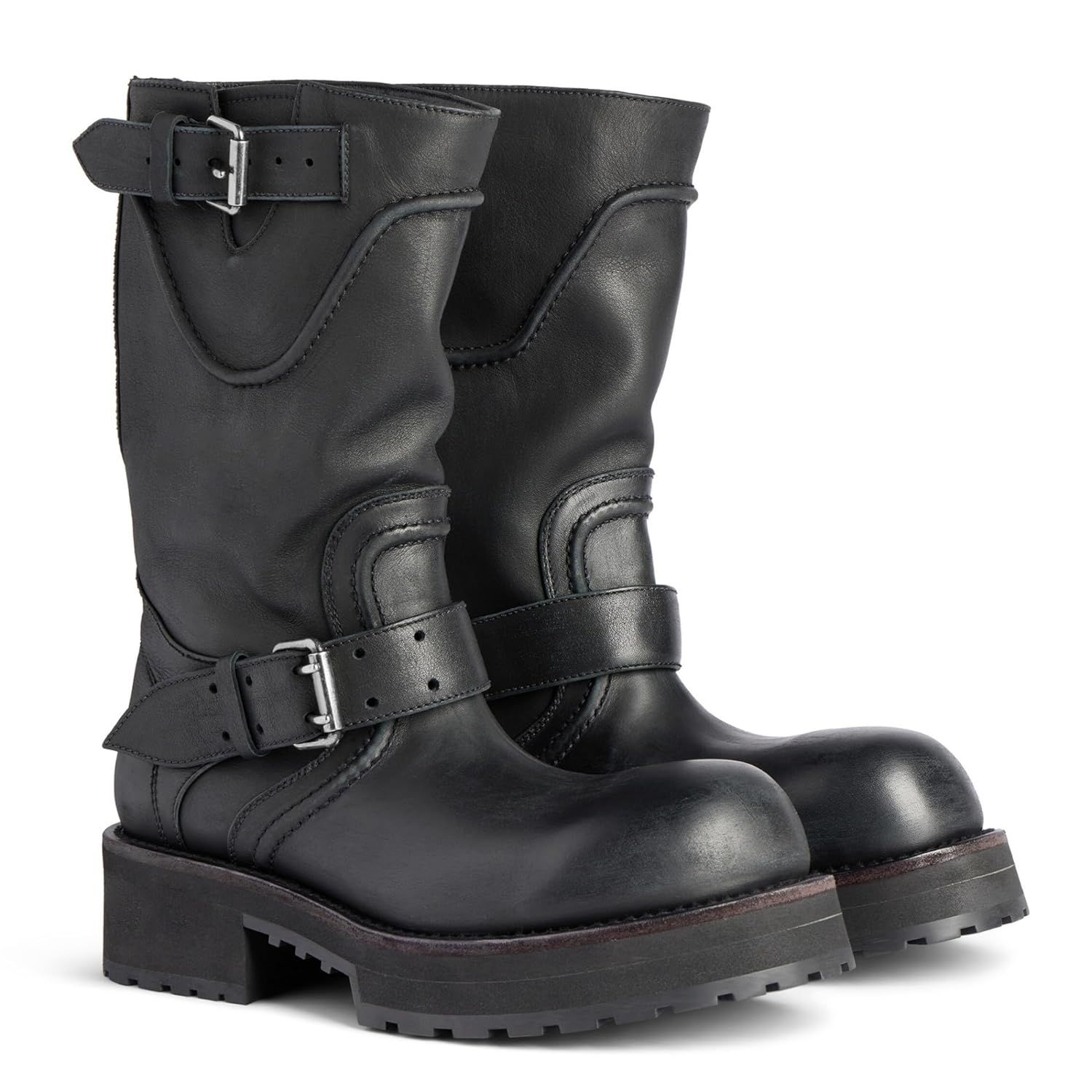 Mid Calf Motorcycle Riding Boots for Women Round Toe Platform Chunky Heel Lug Sole Buckle Strap Biker Motor