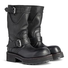 Mid Calf Motorcycle Riding Boots for Women Round Toe Platform Chunky Heel Lug Sole Buckle Strap Biker Motor