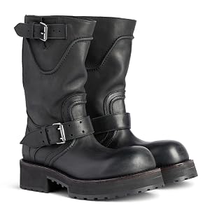 Mid Calf Motorcycle Riding Boots for Women Round Toe Platform Chunky Heel Lug Sole Buckle Strap Biker Motor
