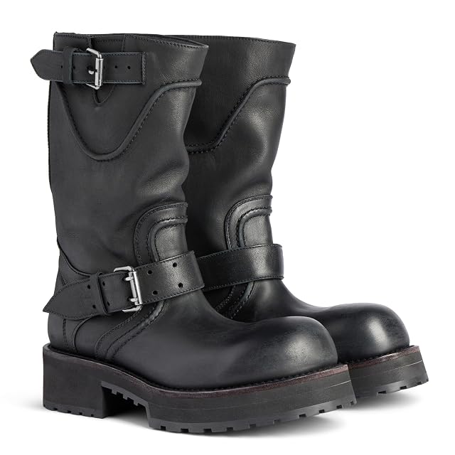 Mid Calf Motorcycle Riding Boots for Women Round Toe Platform Chunky Heel Lug Sole Buckle Strap Biker Motor