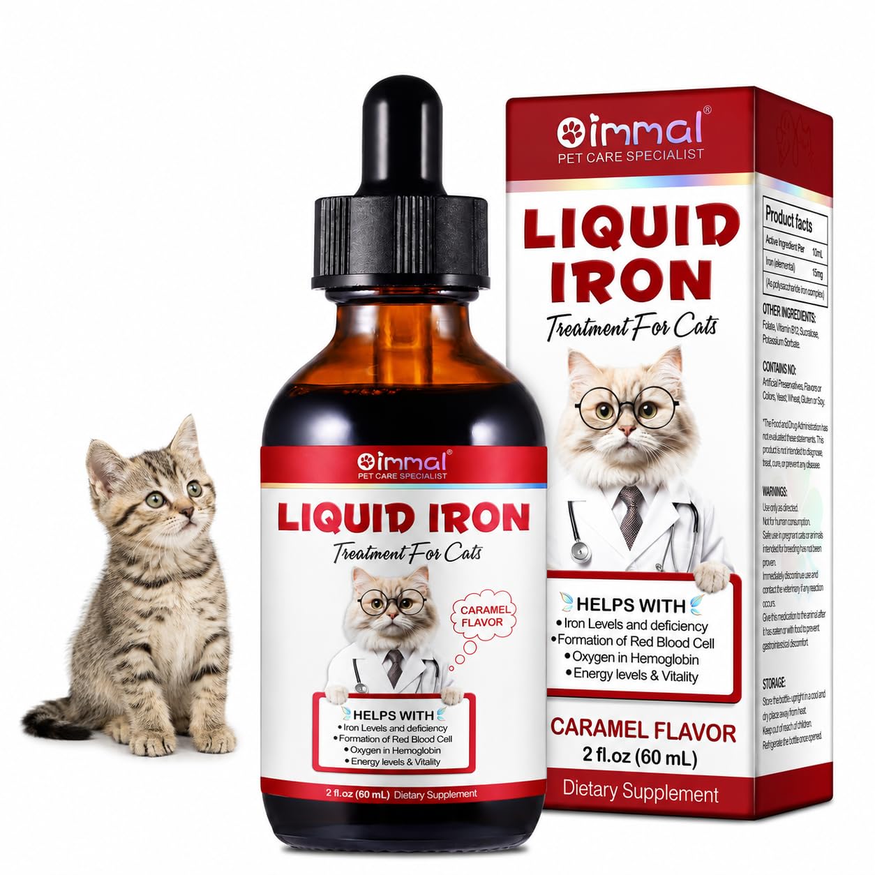 Liquid Iron Supplements for Cats and Kittens - with Folate and B12 – Supplements Anemia, Promotes Blood Health, Oxygen Supply and Blood Cell Formation – Increase Low Energy Levels – Lethargy - 2 oz