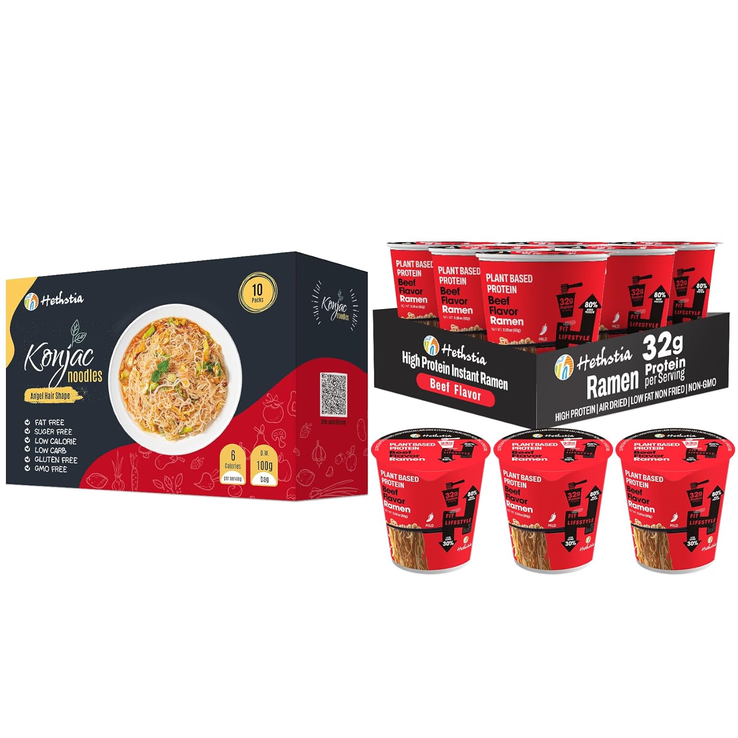Hethstia Angel Hair Konjac Noodle & Spicy Beef High Protein Ramen Cup – Vegan Ready-to-Eat Shirataki + 32g Plant Protein – 10 Angel Hair Packs + 6 Ramen Cups
