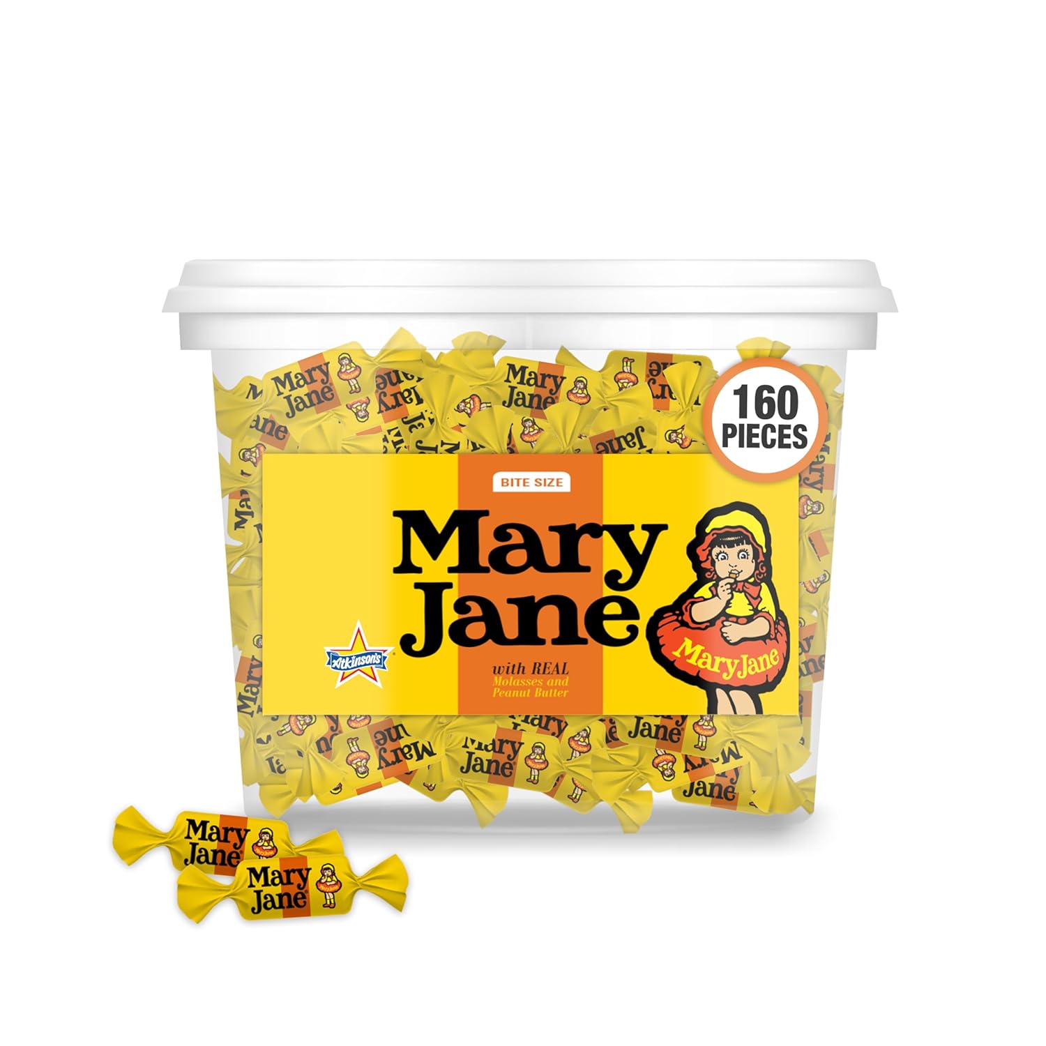 Atkinson's Mary Jane - Chewy Molasses and Peanut Butter Candy - Gluten Free, Kosher, Vegan - 0.16 oz. Bite Size Candy - 160 Piece Tub