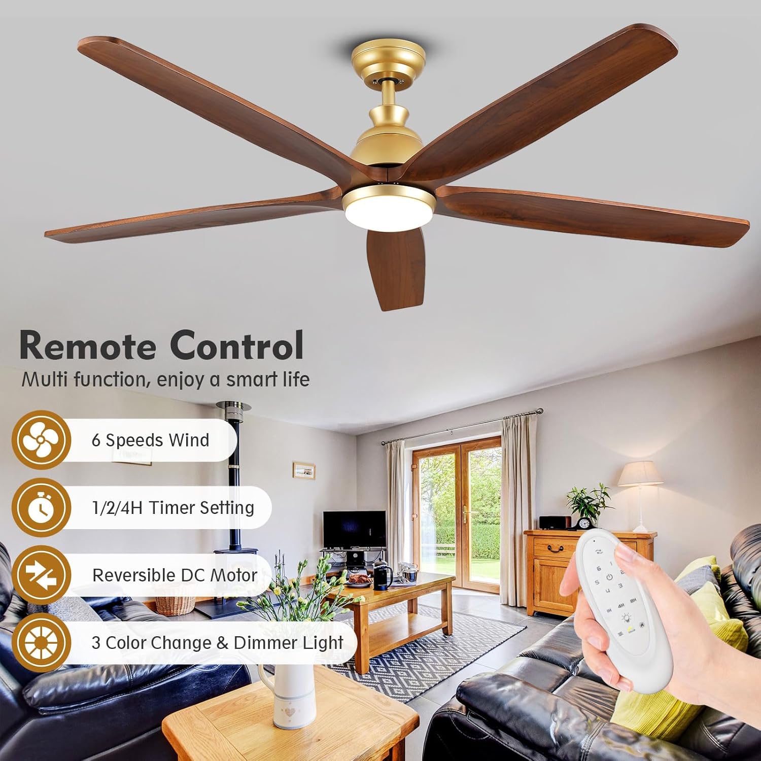 Outdoor Ceiling Fans with Lights for Patios, 52 Inch Gold Wood Ceiling Fan with Light, High Cfm Outdoor Ceiling Fan Damp Rated 5 Blades Silent Reversible DC Motor for Outside Porch Gazebo