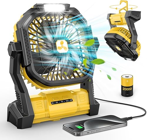 Vista 16 de Ventilador portátil recargable de doble cabezal de 20,000 mAh, ventilador de camping alimentado por batería, inalámbrico con linterna LED y control