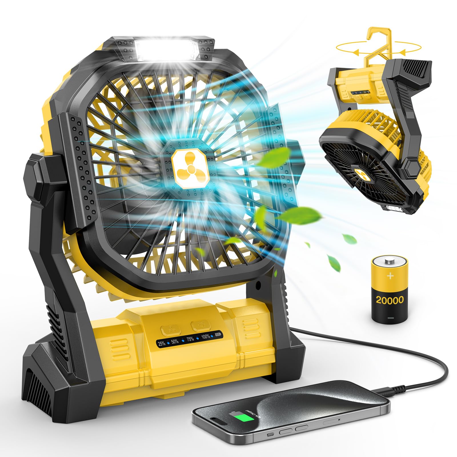 Portable Fan Rechargeable, 20000mAh Cordless Battery Powered Fan with LED Lantern, USB C Battery Operated for Travel Bedroom Home Camping Tent Office Beach Desk Fishing Table (Yellow)