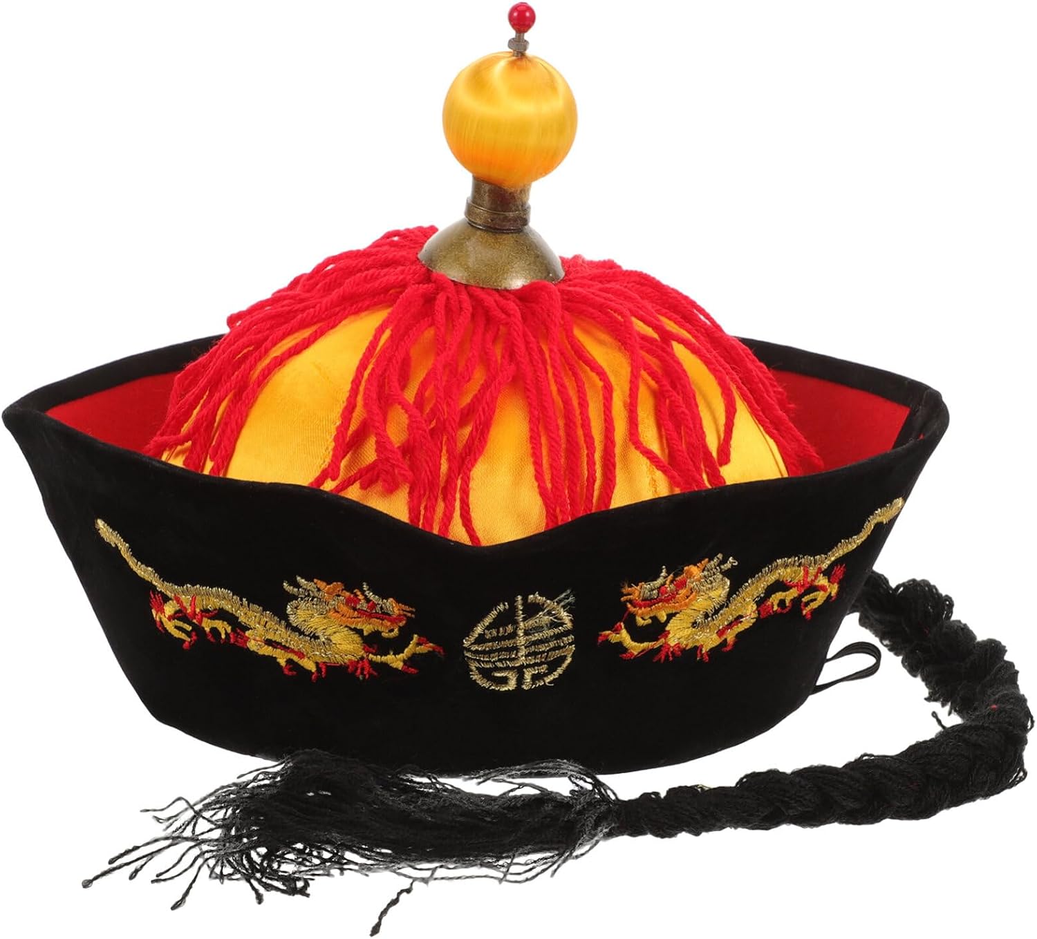 Gadpiparty Chinese Emperor Hat with Braids Asian Royal Headgear Traditional Style Cosplay Hat Prop for Stage Performance Party Spring Festival Role-Playing Carnival