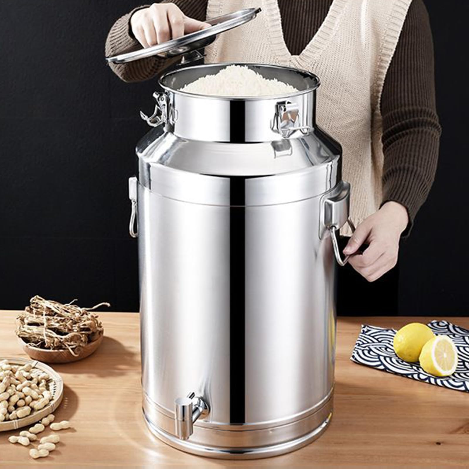 Contenitore per olio da cucina – 5 l, 9 l, secchio per latte da 14 l, in acciaio con chiusura ermetica, struttura spessa e durevole | birra, farina, zucchero, fagioli, tè, snack