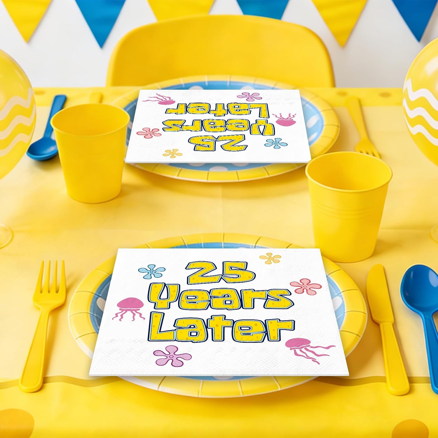 Whaline 50 Pcs Yellow Cartoon 25th Birthday Party Napkins Cartoon Sponge Disposable Paper Luncheon Napkin Decorative Flower Jellyfish Dessert Dinner Hand Napkin for Home Party Table Supplies Decor