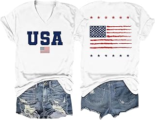Womens American Flag Shirt USA Patriotic V-Neck T-Shirt 4th of July Short Sleeve Tee