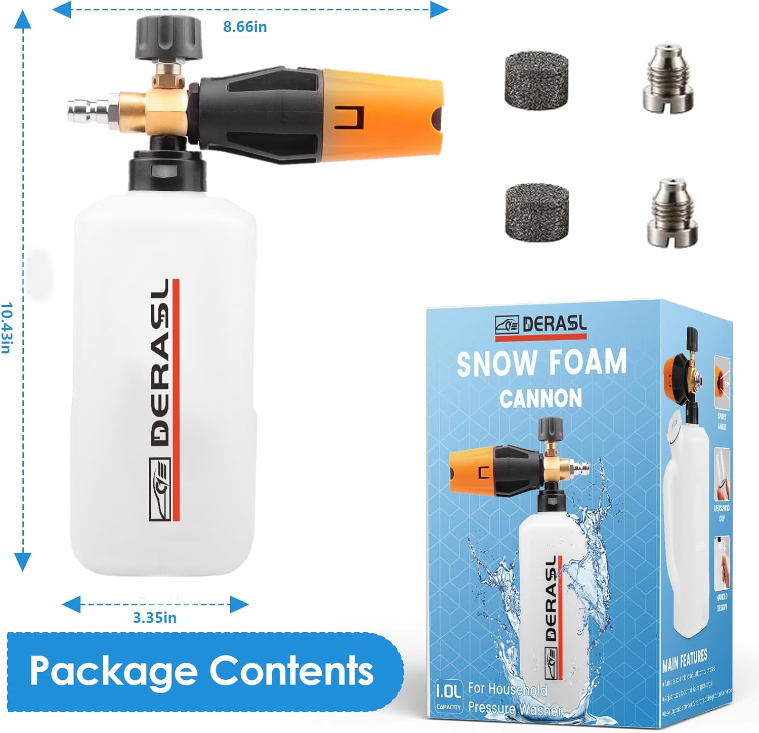 Foam Cannon, 1/4 Quick Connector Foam Cannon for Pressure Washer, Pressure Washer Foam Cannon with Adjustable Nozzle & 1L Foam Cannon Bottle, Soap Cannon for Pressure Washer with Handle