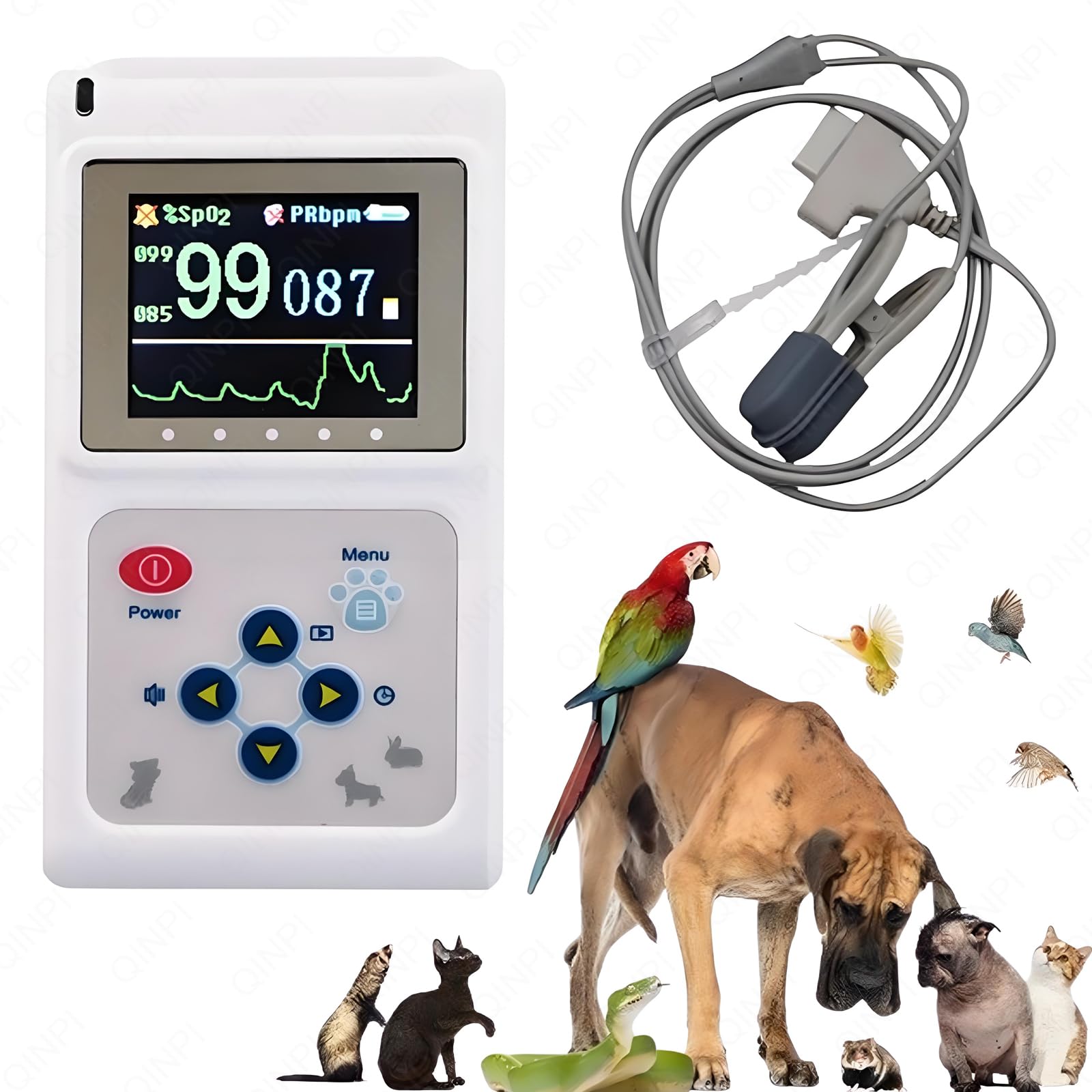 Pulsossimetro portatile per animali, sensore auricolare/linguetta, rilevamento della saturazione dell'ossigeno nel sangue/frequenza cardiaca, con sonda e cavo USB, luminosità dello schermo regolabile