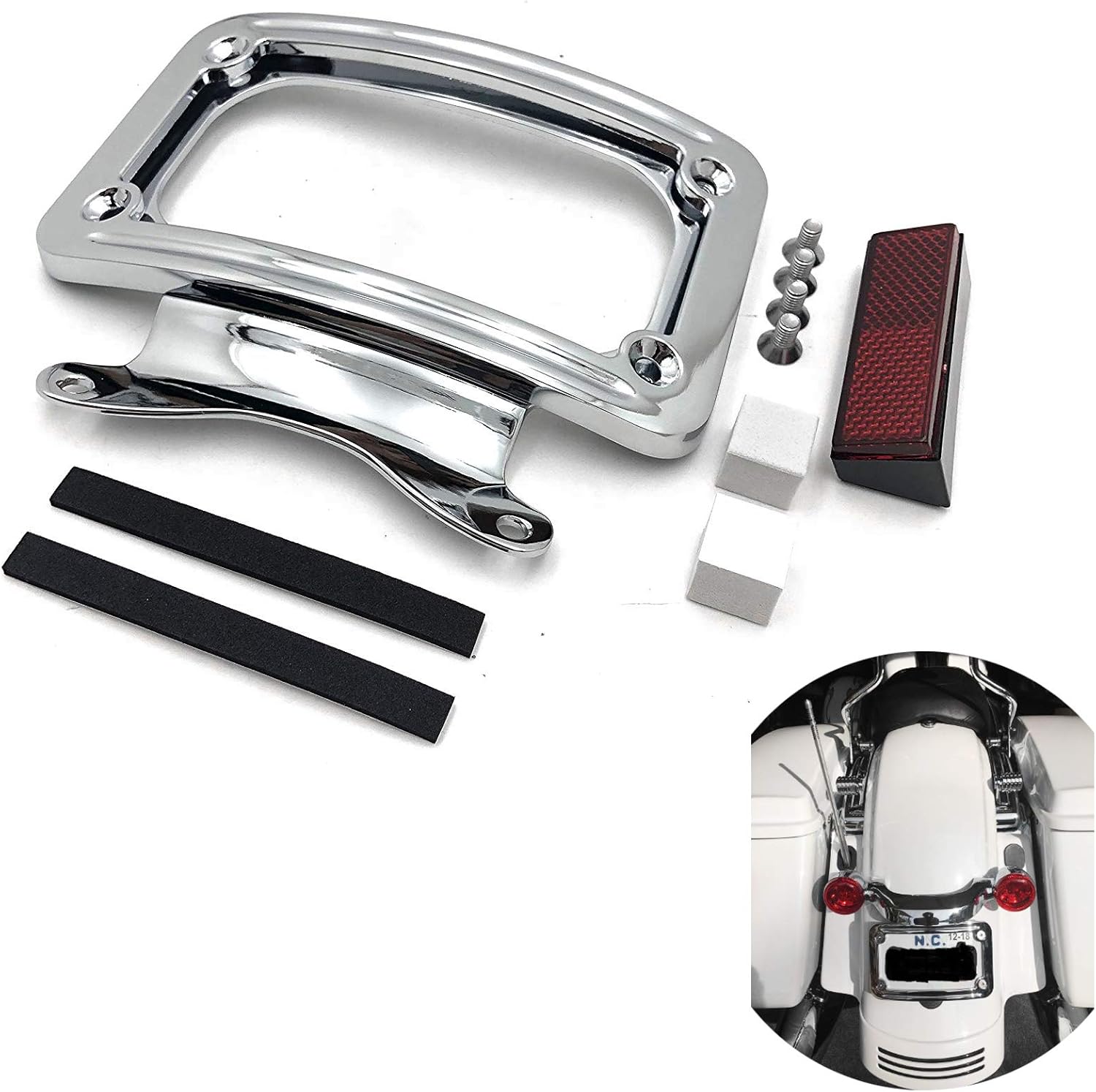 HTTMT MT389-CD Chrome Laydown Curved License Plate Bracket Tag Holder Compatible with 2010-later FLHX, FLHXS, FLHXSE, FLTRX, FLTRXS and '10-'12 FLHXSE (Street Glide Special FLHXS/Road Glide FLTRX)