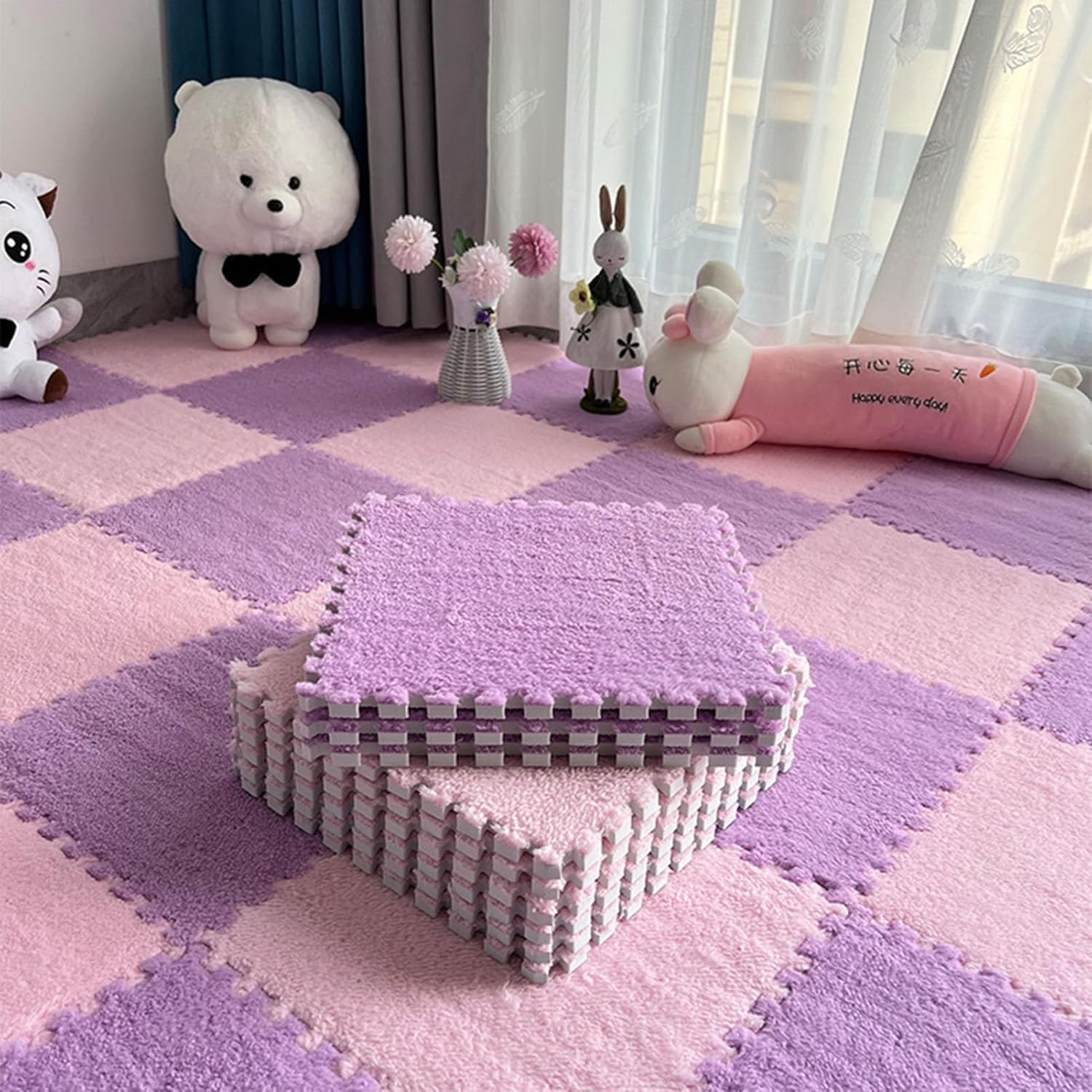 12pcs Puzzle Floor Foam Mat Square Mat Hairy Carpet Block for Room Floor (Pink+Purple)