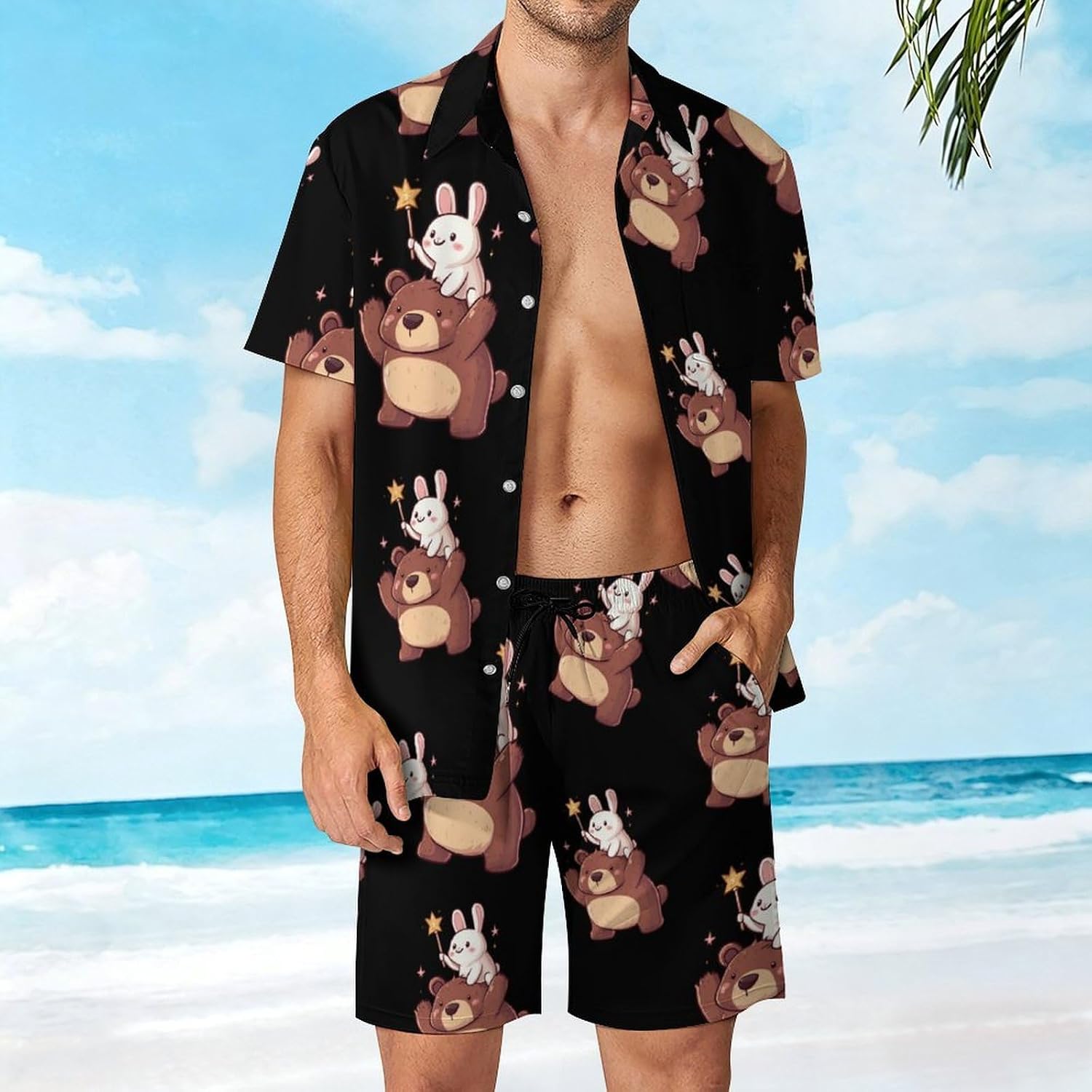 Rabbits Riding Bear Summer Mens Vacation Outfits Beach Shirts Shorts Matching Set