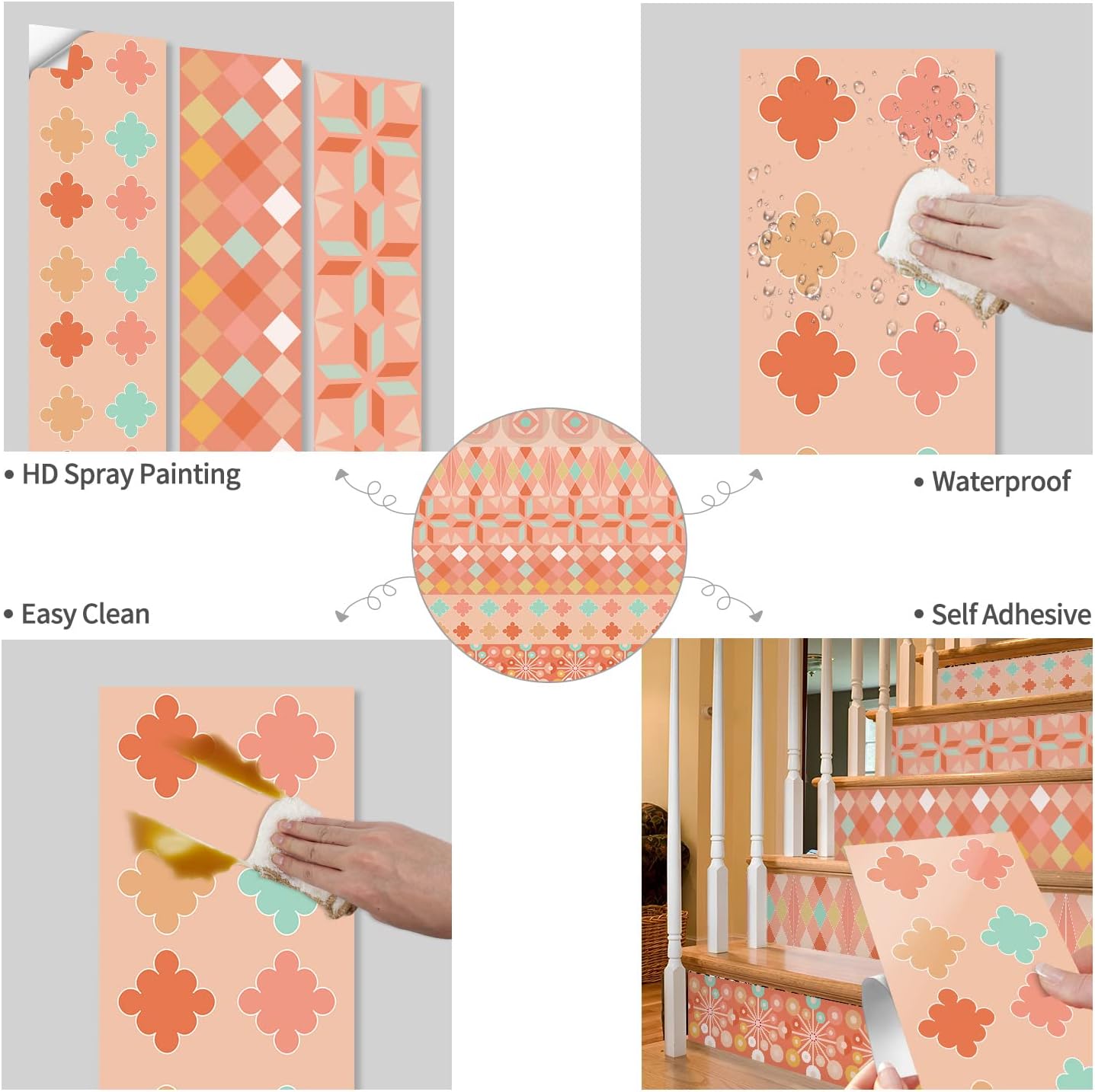 Alwayspon Stair Riser Stickers Peel and Stick, Retro Pink Vinyl Stair Mural Decals Self-Adhesive Removable Contact Paper for Home Decor, 39.37x7.09inchx13Pcs