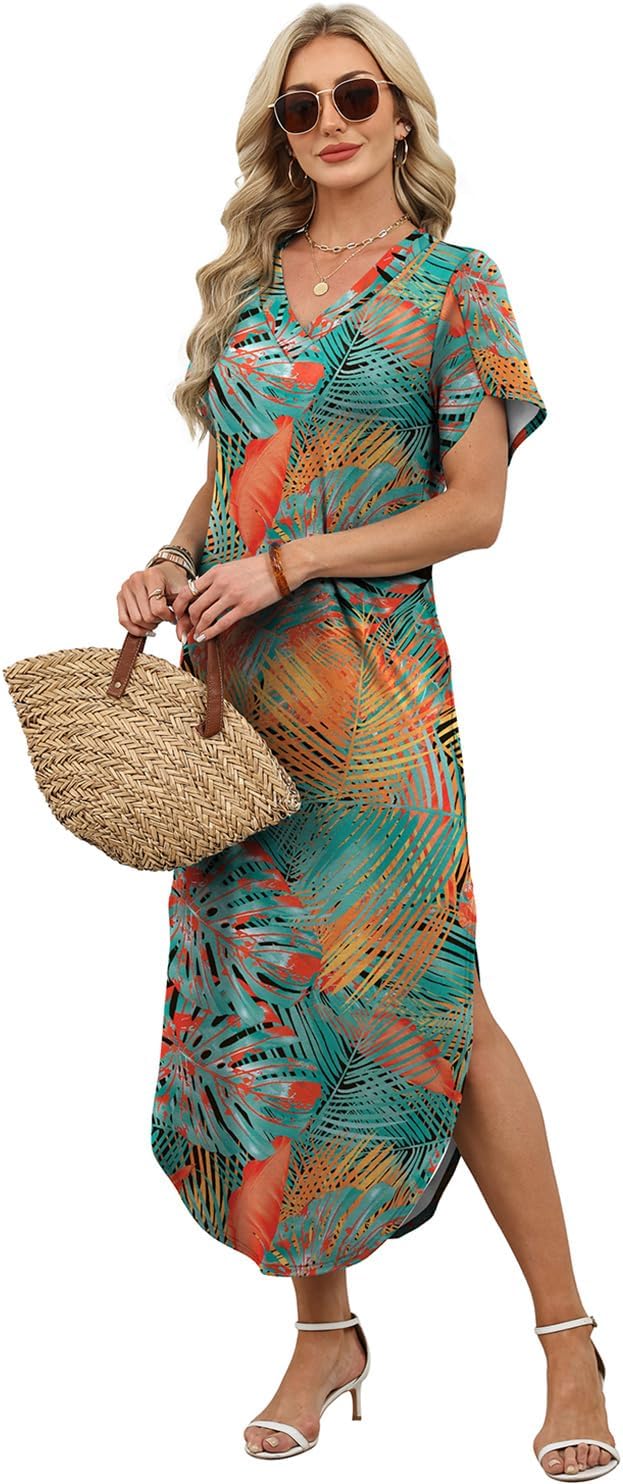 WIHOLL Summer Dresses for Women Short Sleeve Maxi Dresses V Neck Sundress with Side Slit Pockets Casual Beach Dress