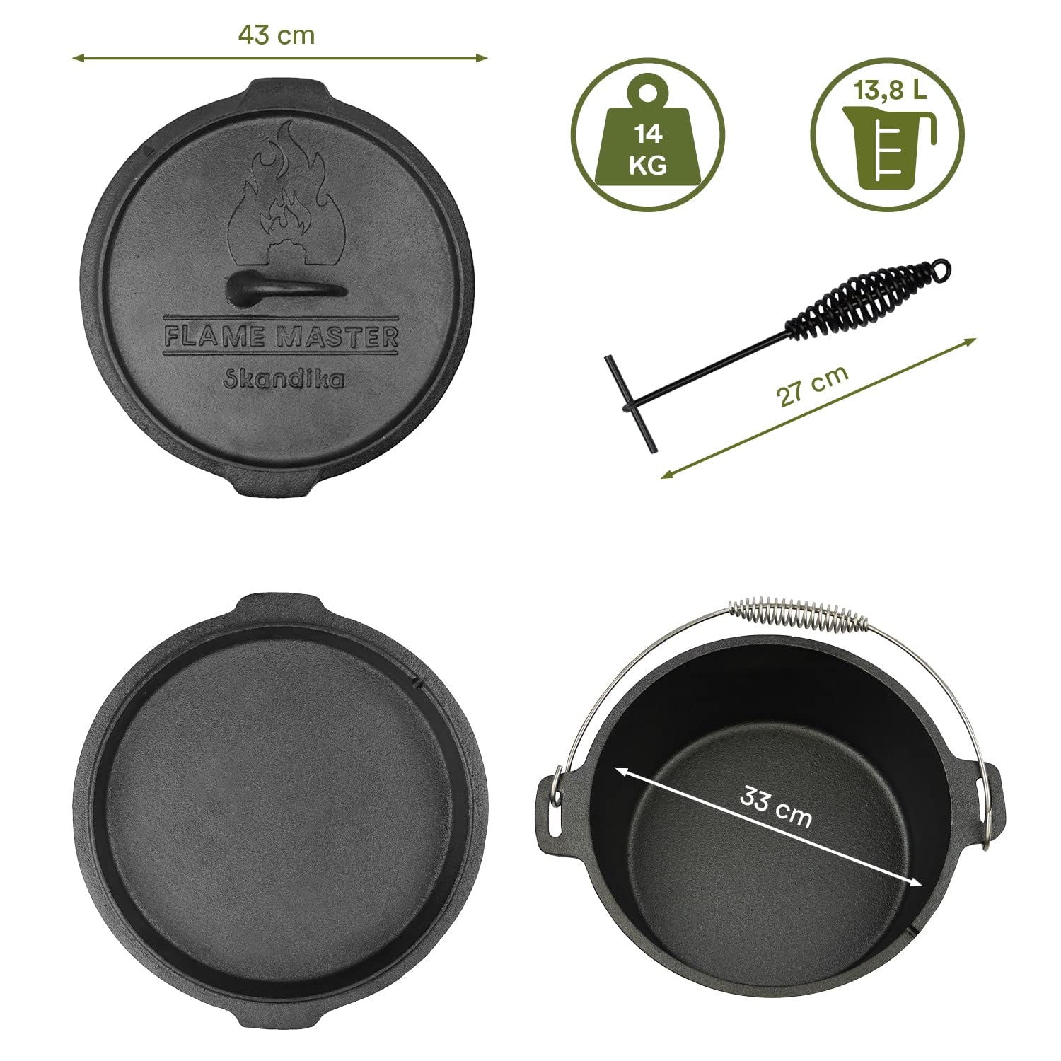 Skandika Dutch Oven Flame Master 5,1-13,8 L | Faitout Marmite en fonte avec couvercle, avec/sans pieds, lève-couvercle et sac | Four hollandais, barbecue, camping (13,8 litres, Sans pieds)