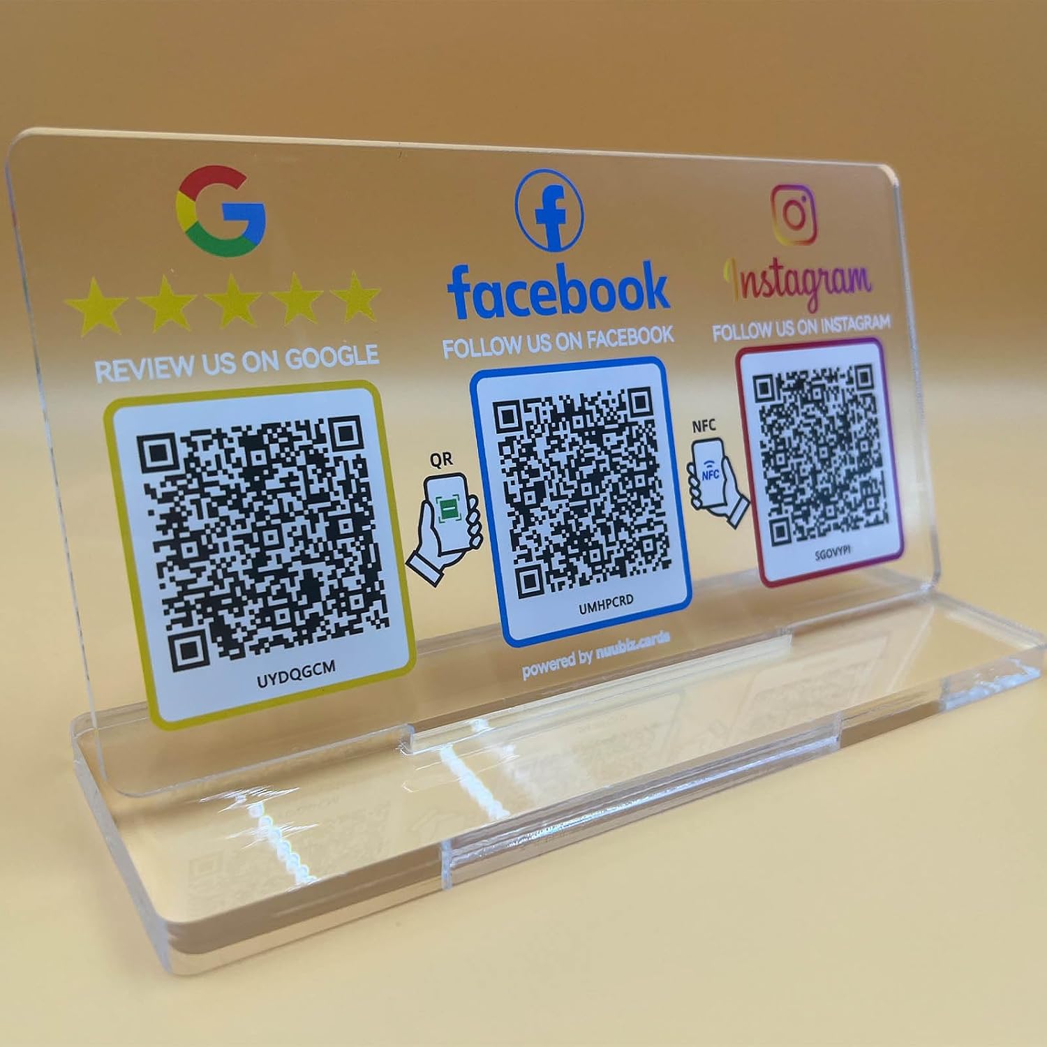 Review Stand & Follow Us on Social Media Sign for Instagram & Facebook, NFC Tap & QR Code Acrylic Display to Review & Follow, Easy Setup, Smartphone Compatible, No App, No Fees