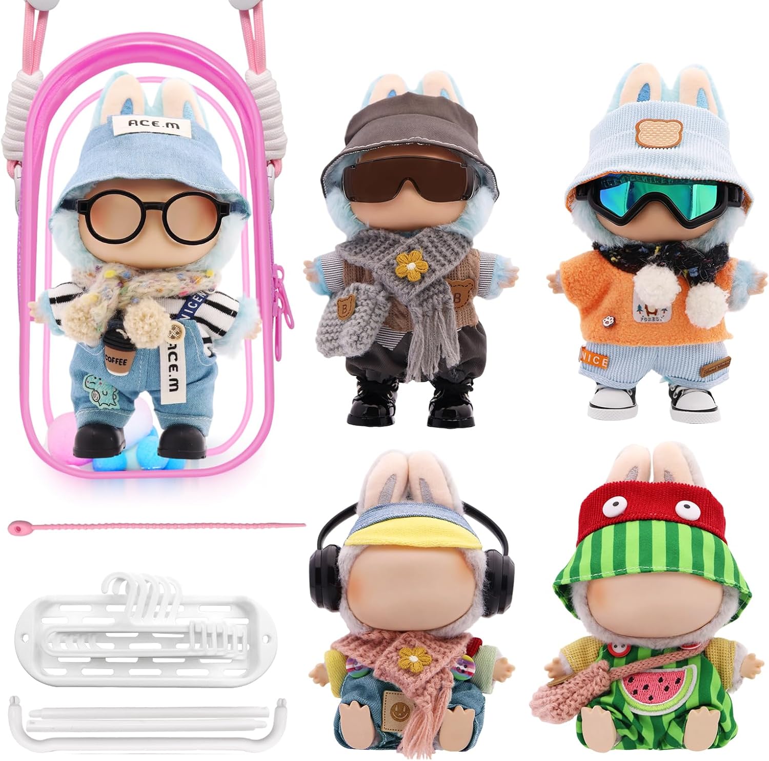Clothes for Labubu, 24-piece Clothes and Accessories Set Designed for Labubu Doll Clothes, Includes Display Bag, Clothes Rack, Scarf, Knitted Bags, Headphones, Glasses, and Shoes Accessories - Style F