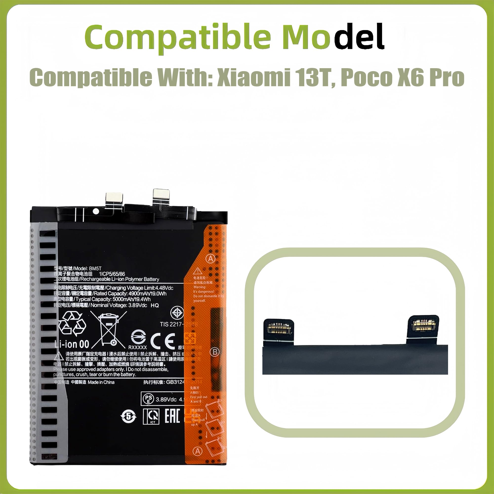 BM5T-A - Batería de repuesto compatible con Xiaomi 13T, Poco X6 Pro 2306EPN60G, 2311DRK48G batería de repuesto con juego de herramientas
