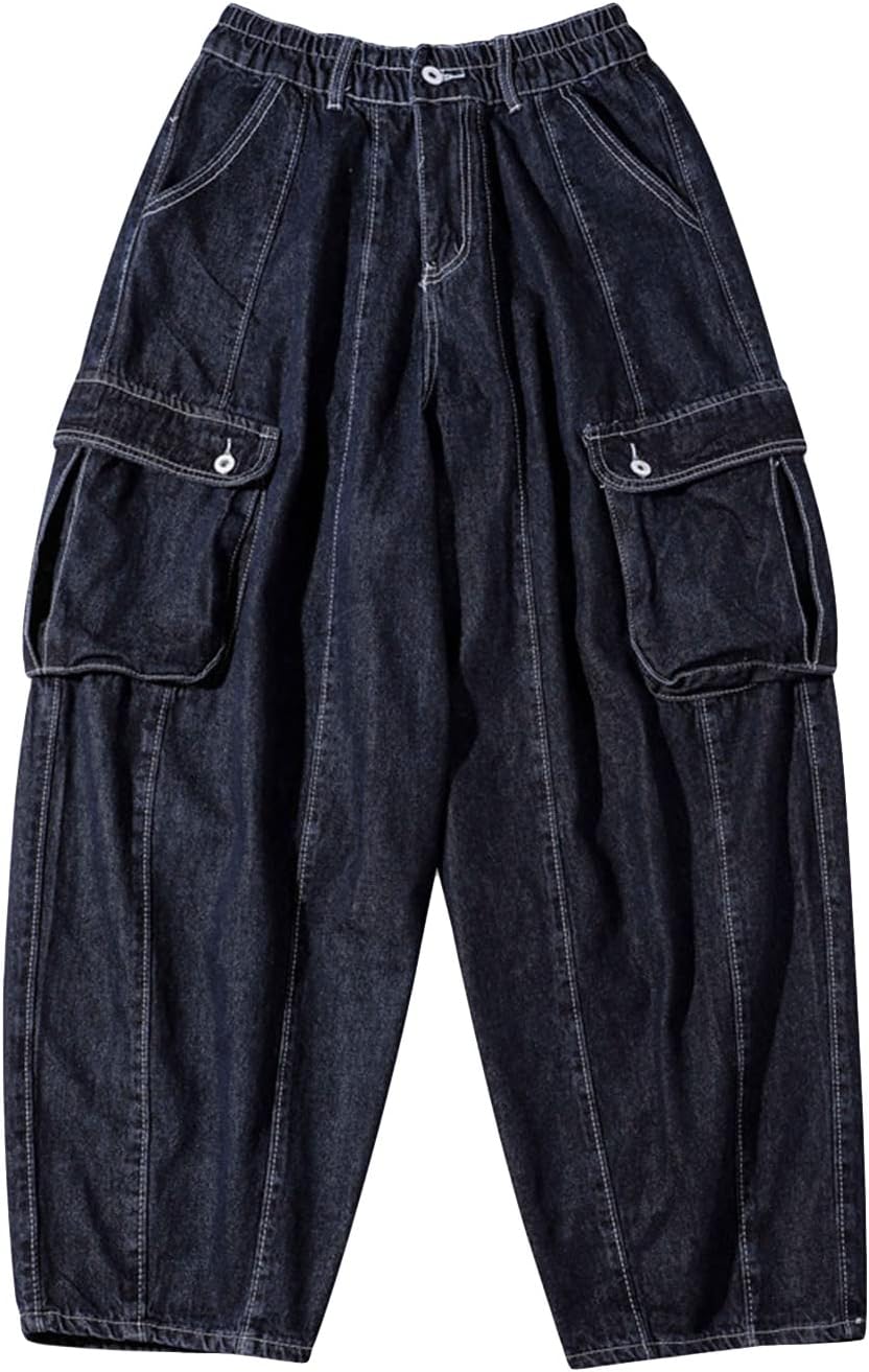 JEsilunmaMY Mens Casual Wide Leg Bloomers Elastic Waist Multi-Pocket Washed Denim Pants Loose Hip Hop Streetwear Lounge Jeans