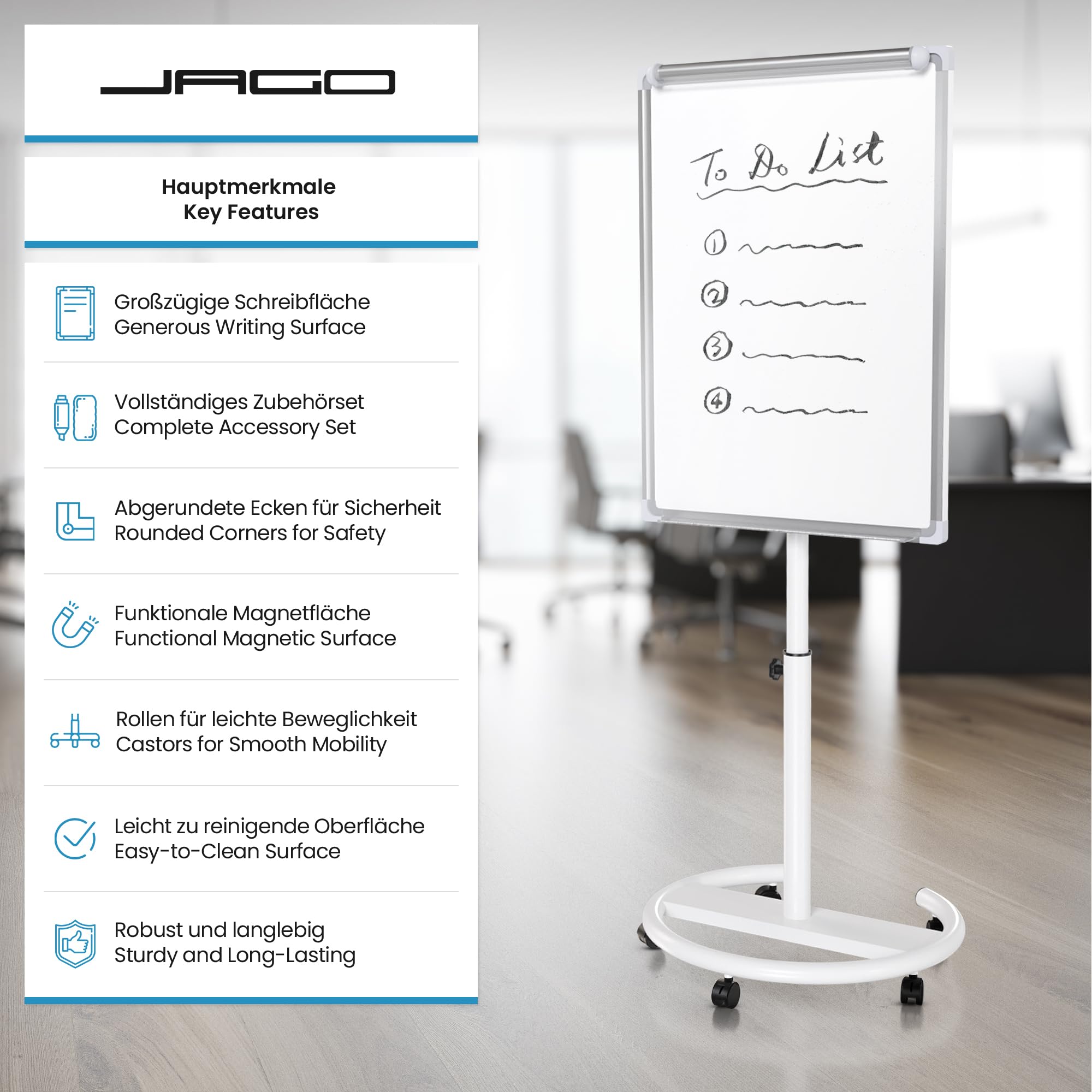 Jago® Chevalet de Conférence - sur Roulettes, Réglable en Hauteur, Mobile, 60 x 90 cm, Magnétique, Effaçable, Incluant Marqueurs, Aimants, Papiers, Éponge - Paperboard, Tableau Magnétique Blanc