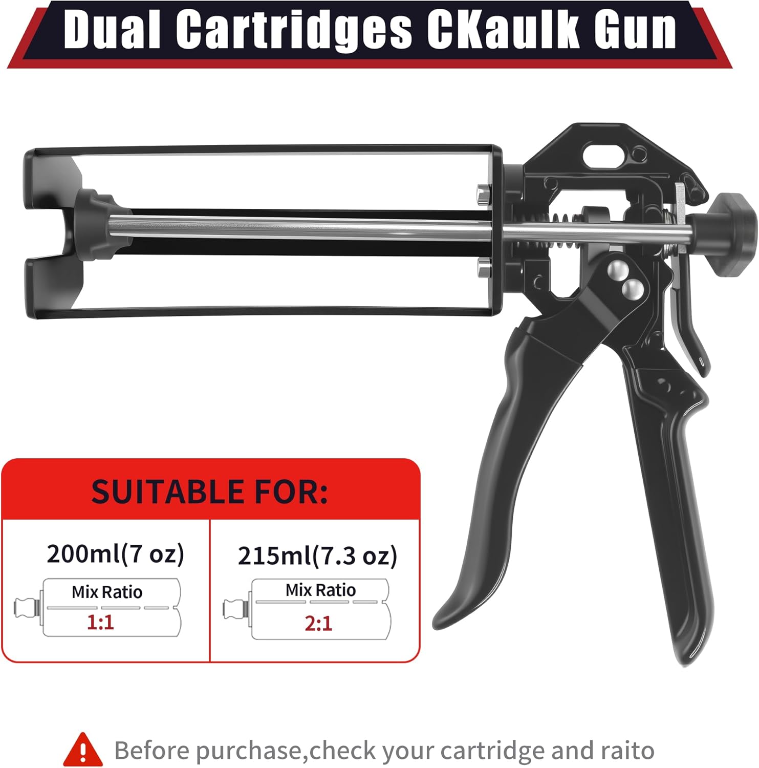 200ml Epoxy Gun Dual Component Professional Heavy-Duty Full Metal Caulking Guns For Dual Cartridges 1:1 & 2:1 Mix Epoxy Applicator For Panel Bonding Structural Repair Adhesive & Sealant,Black