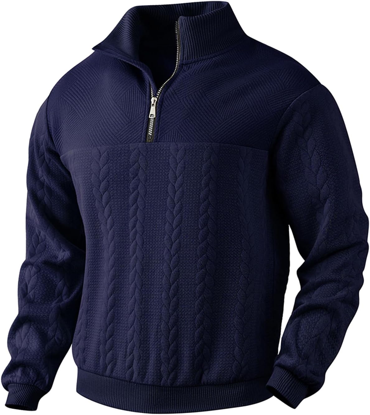 Mens Quarter Zip Sweater Men Quilted Sweatshirt Pullover Knit Long Sleeve Mock Neck Sweatshirt