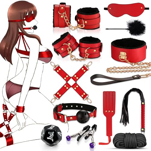 BDSM Sex Toys for Couples.Sex Bondage BDSM kit Restraints with Adjustable Handcuffs Ankle Cuffs Collar Blindfold Ball Gag,12pcs Bondage Set Adult Toys for Womens