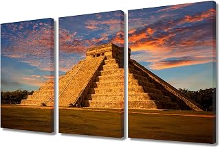 Multi Panel Wall Art Mayan Chichen Itza El Castillo Pictures Mayan Pyramid Poster Paintings on Canvas Home Modern Decor Kukulkan Temple Artwork Framed Ready to Hang Poster and Prints, 36"Wx24"H