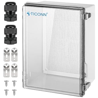 TICONN Outdoor Electrical Box Waterproof, Junction Box IP67 ABS Plastic Enclosure with Hinged Cover with Mounting Plate, Wall Brackets, Cable Glands Clear, 15.7"x11.8"x7.1"