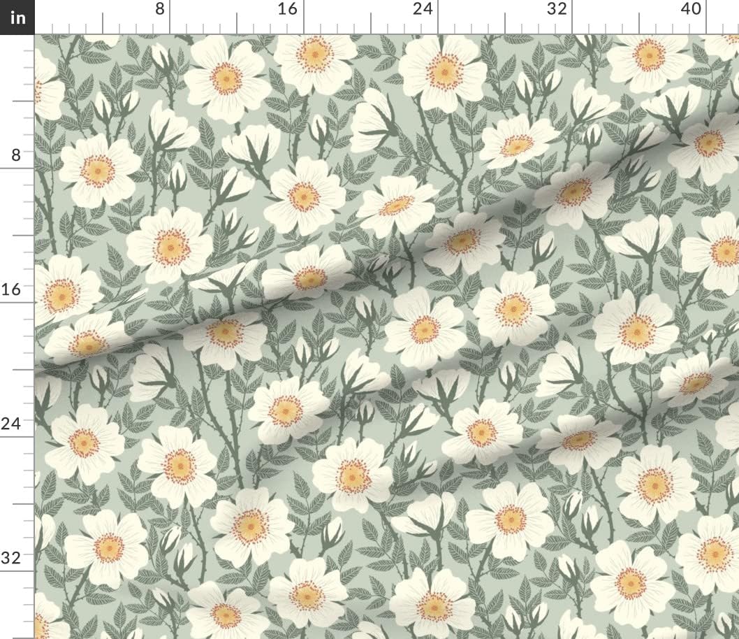Spoonflower Fabric - Wild Roses Sage Green Vintage Floral Jade Neutral Printed on Petal Signature Cotton Fabric Fat Quarter - Sewing Quilting Apparel Crafts Decor