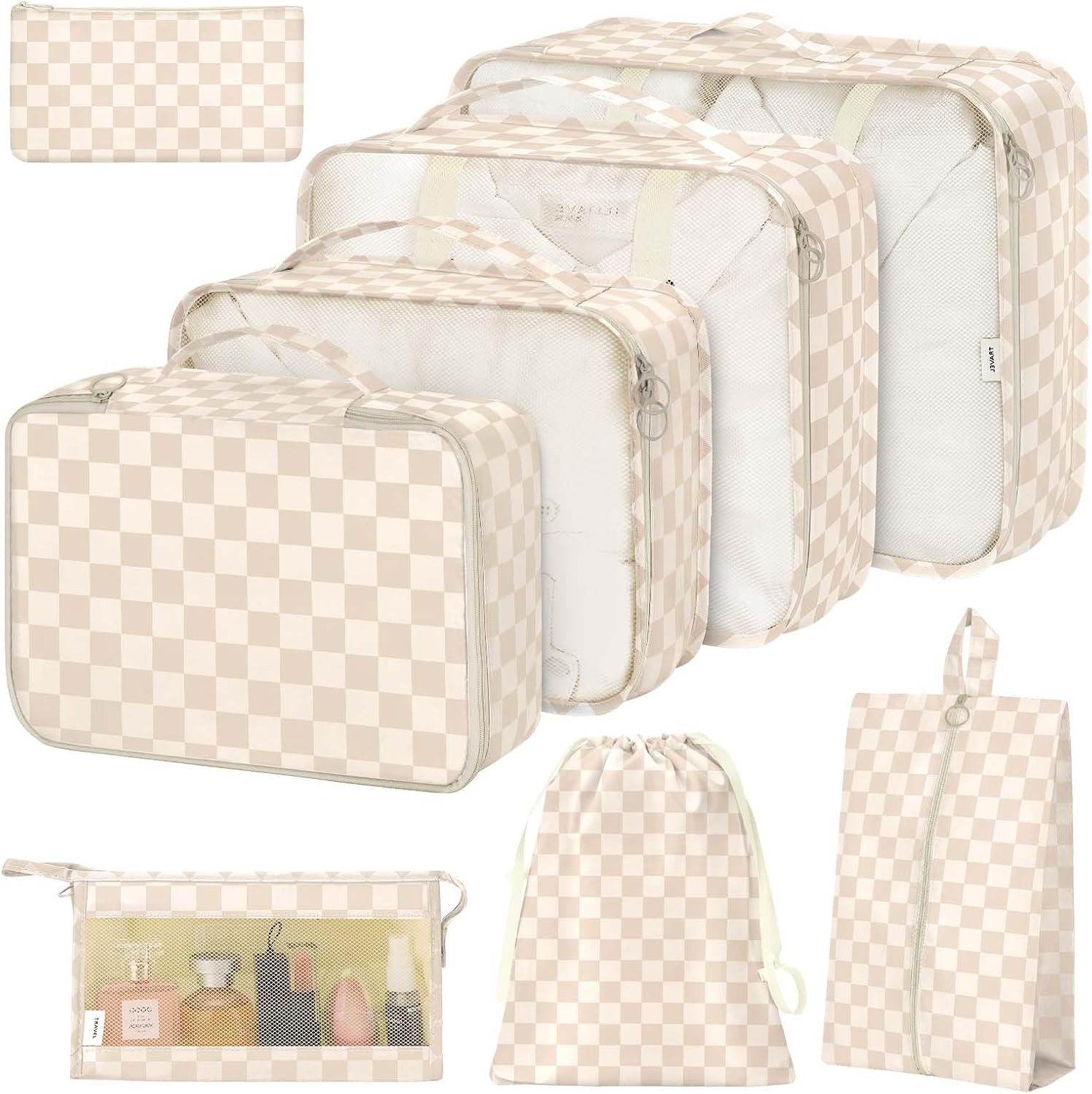 8 Set Packing Cubes for Suitcases,Packing Cube with Shoe, Cosmetics, Clothing, and Accessories Bags Packing Cubes for Travel Luggage Organizer Women Men(Khaki Grid-A)