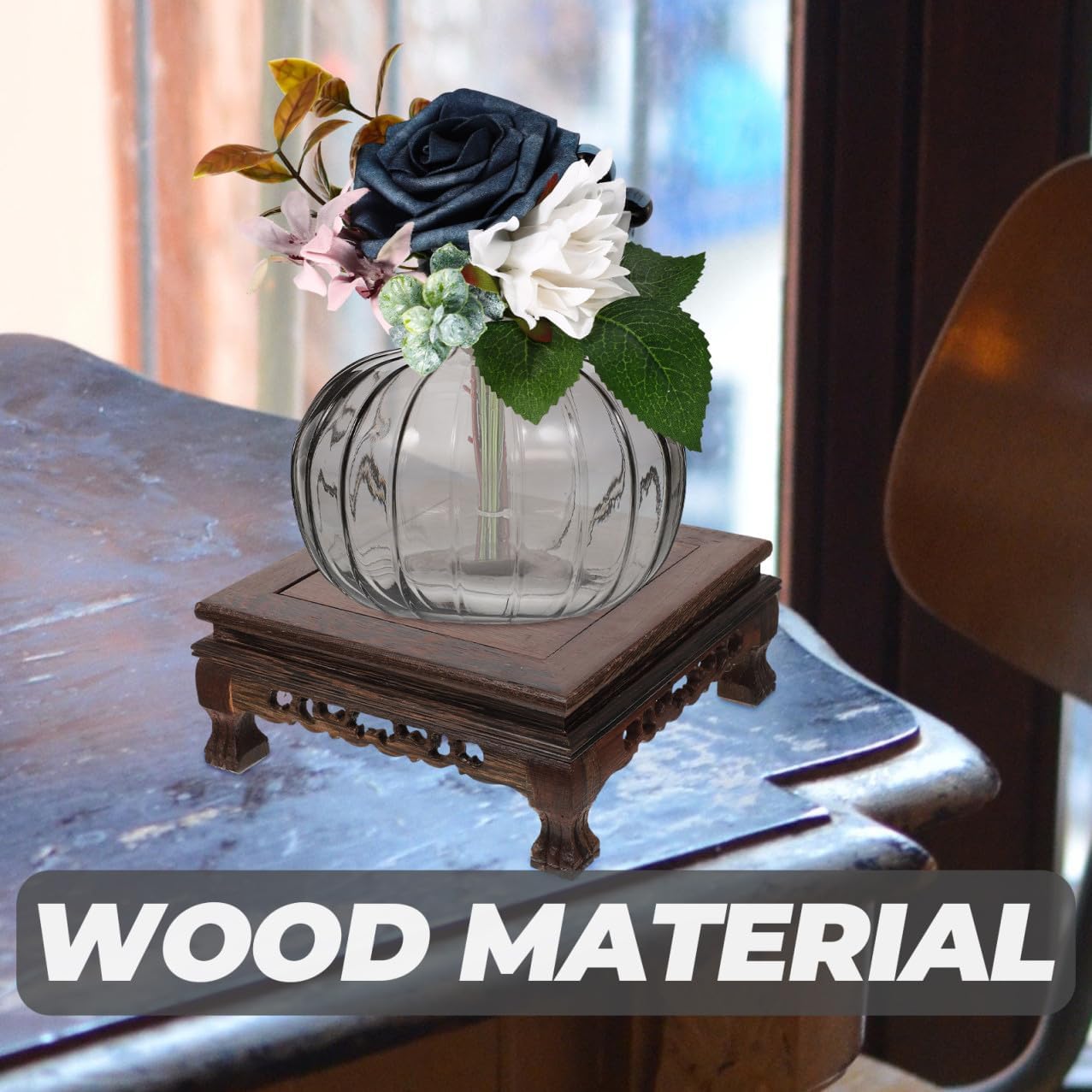 Multi-functional Wooden Carved Display Stand for Plants Antique Flower Pot Holder Base Chicken Wing Wood Suitable for Home Decor and Decorative Stands Random Style