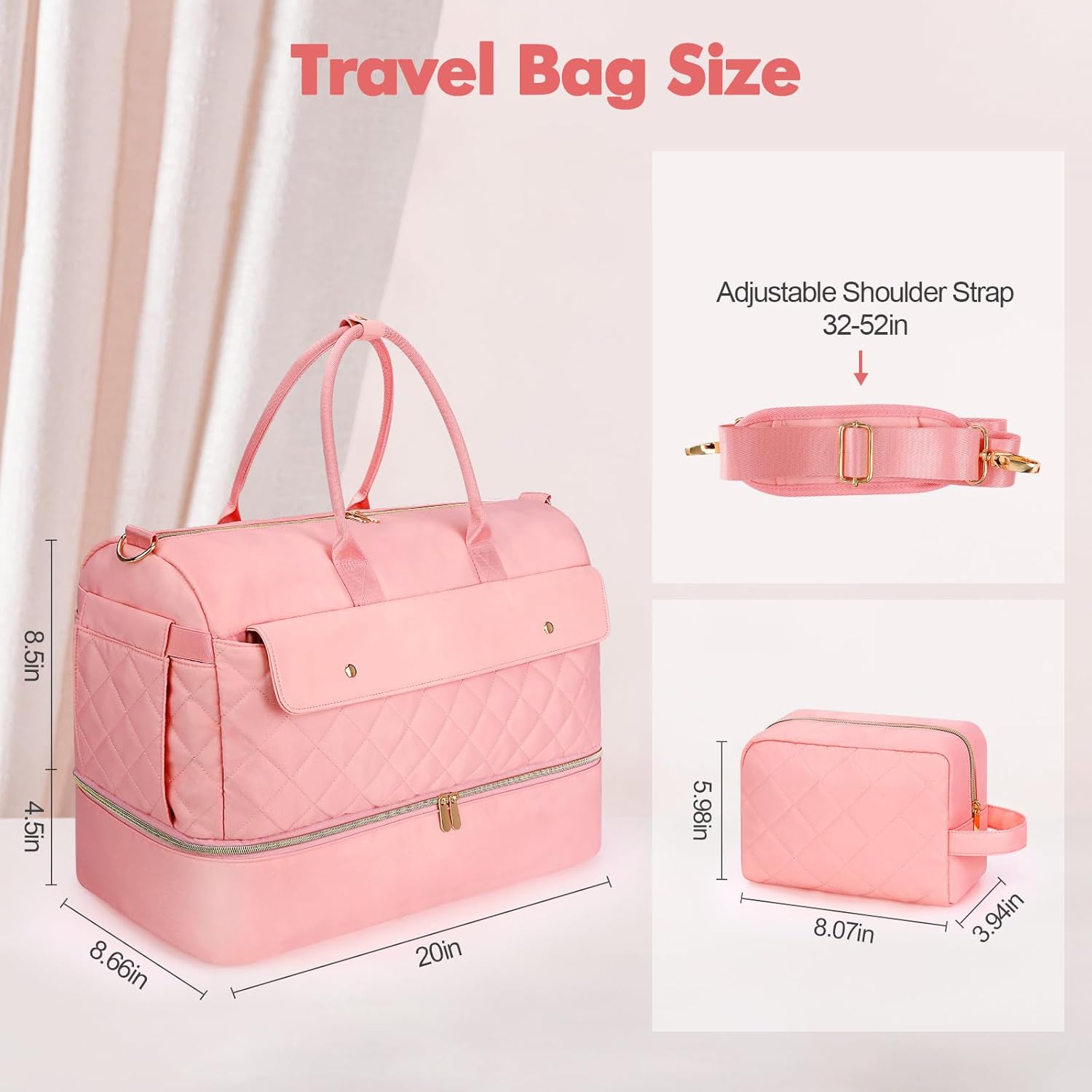 Wedama Travel Duffel Bag, Large Weekender Bag for Women with Shoe Compartment, Carry on Overnight Bag with Toiletry Makeup Bag, Gym Duffel Bag Travel Tote Bag for Travel Gym Camping Hospital, Pink - Image 3