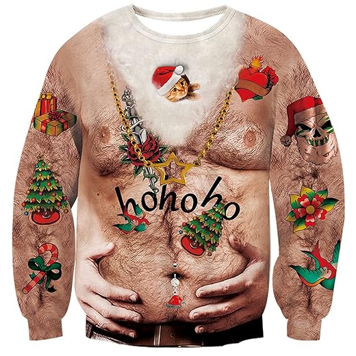 Ahegao Unisex Ugly Christmas Pullover for Men and Women Novelty Hairy Chest Graphics Sweatshirts 80s 90s Adult Boys Girls Party Gifts Clothes Mom Dad Xmas Long Sleeve Tops Shirts Festival Sweater