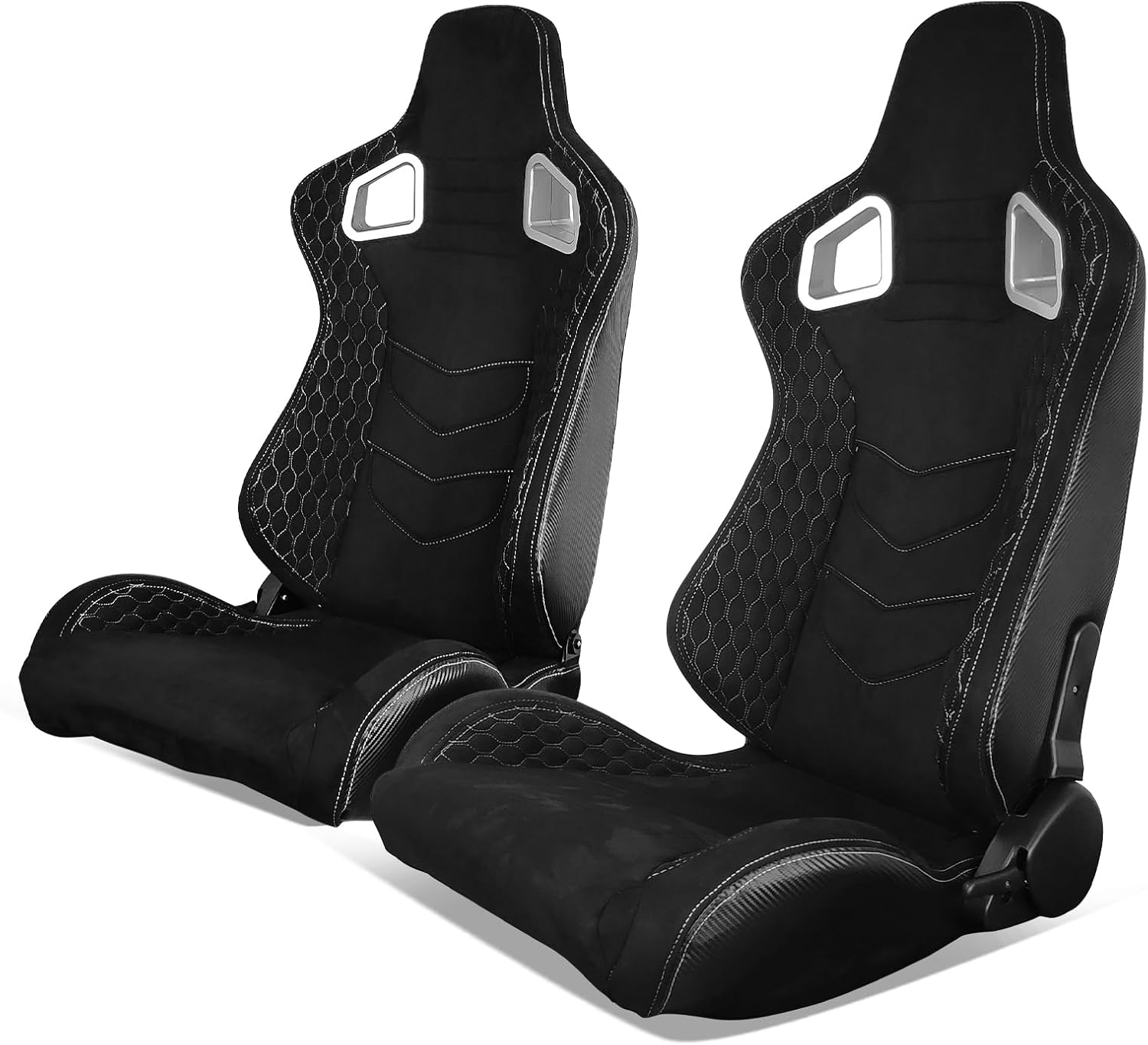 Universal Pairs of Racing Seat with Dual Sliders, Suede Front+Carbon Leather Back Reclinable Bucket Seat, Black Suede+White Stitch