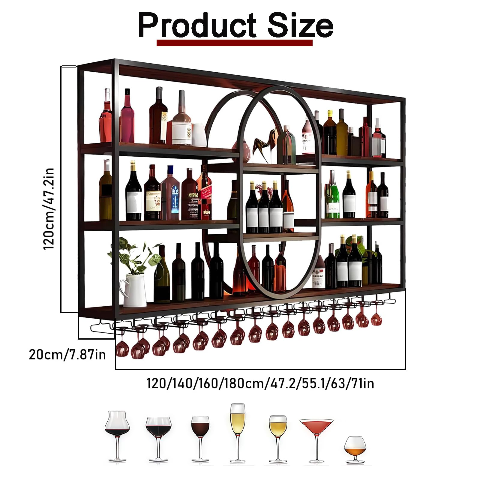 Portabottiglie da parete in metallo in stile industriale, portabottiglie a tre livelli, espositore ovale multifunzionale da parete per vino, portabottiglie sospeso (Nero, 140 * 20 * 120cm)