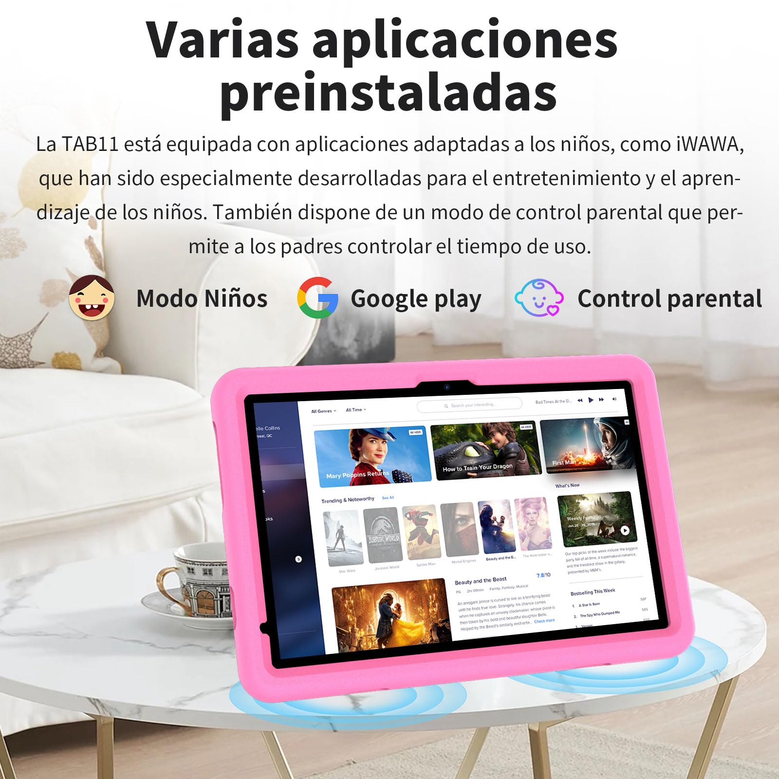 VASOUN Tablet infantil de 10 pulgadas con carcasa, Android 14, 5G WiFi, 128 GB de ROM, cámara dual, 8000 mAh, protección infantil, software infantil preinstalado, educativa (rosa)