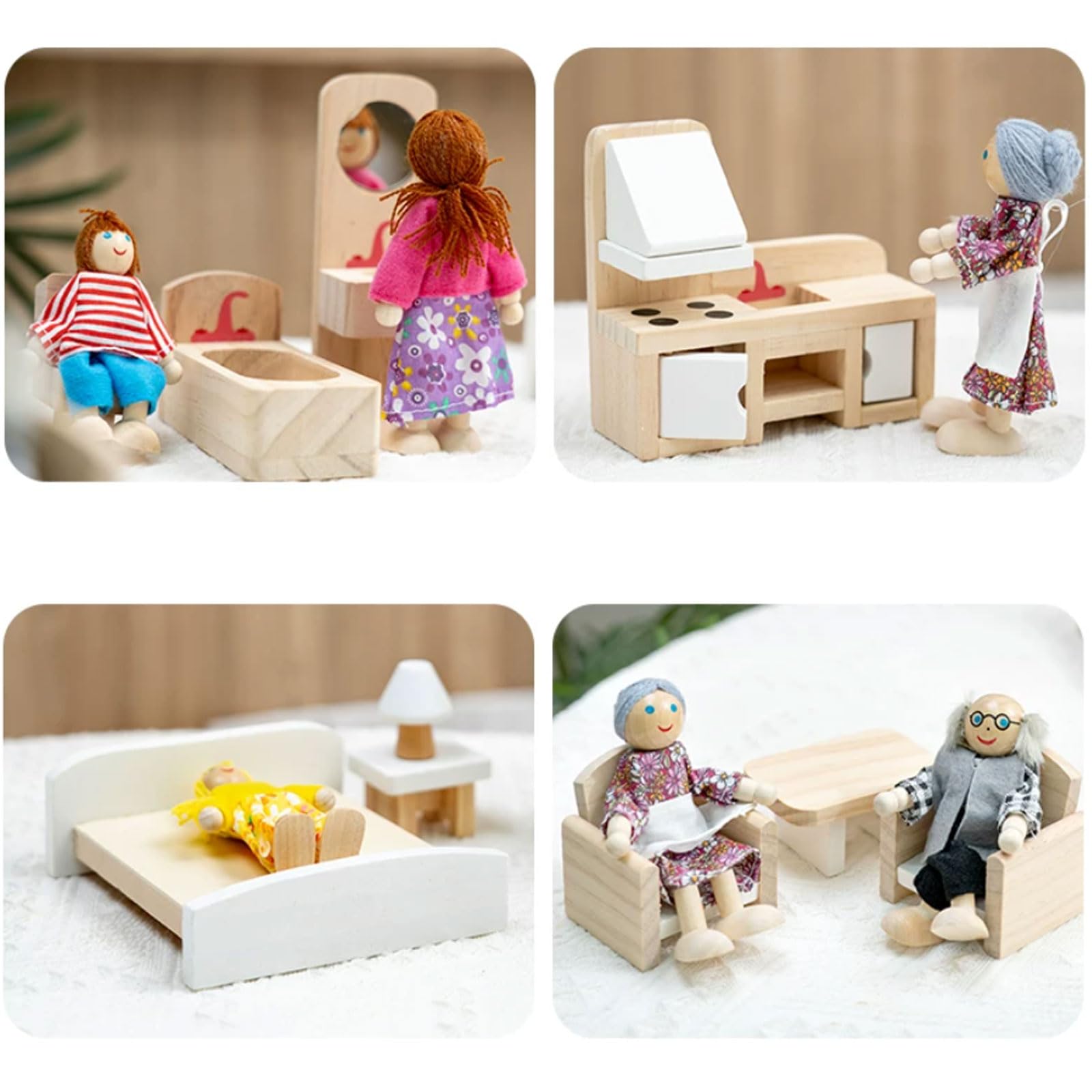 Drewniany zestaw mebli do domku dla lalek Montessori | Miniaturowe Akcesoria Meblowe do Domu Symulacyjnego, Zestaw Meblowy do Domku dla Lalek do Zabawy Ról