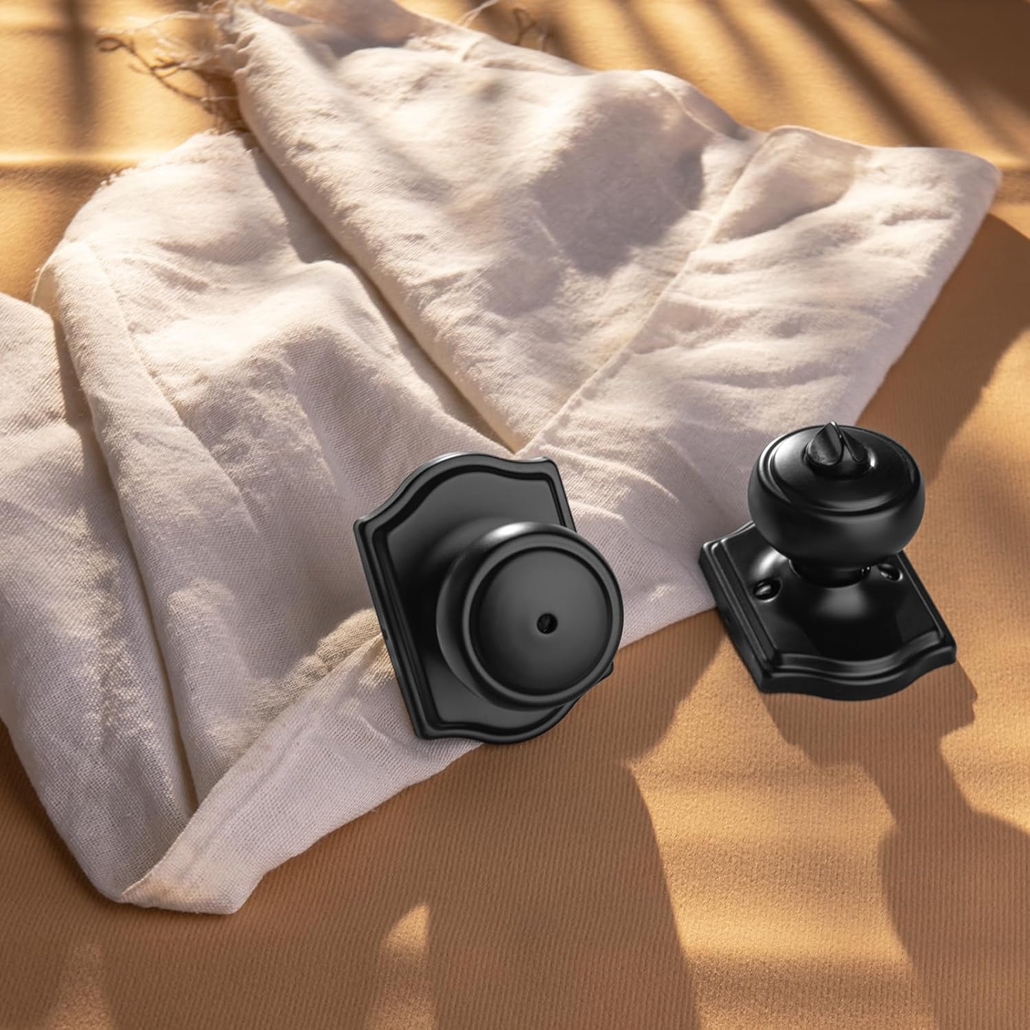 3 Pack Matt Black Door Knobs with Camelot Trim,Interior Door Knob with Lock,Coastal Privacy Door knob for Bath and Bedroom