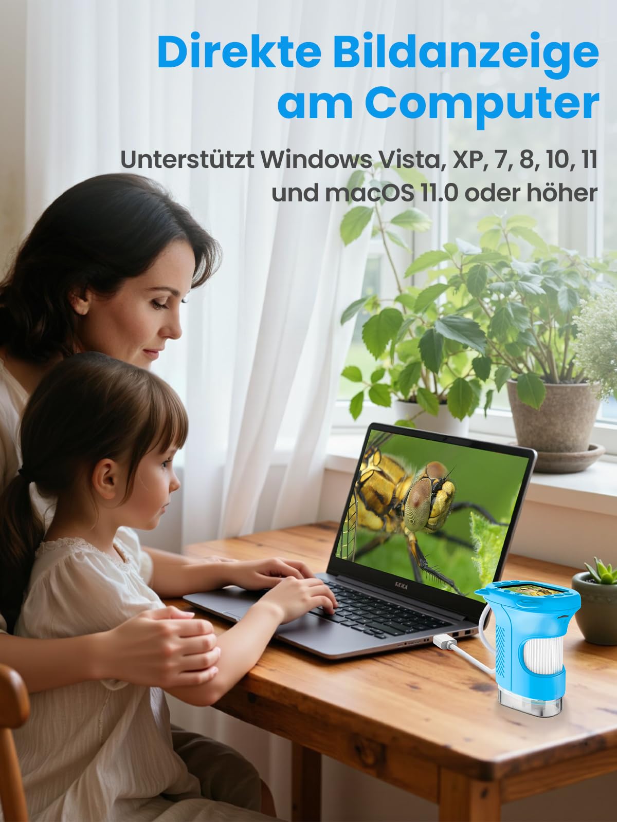Mikroskop für Kinder Lupe, 2.4" Größer IPS Bildschirm Digitales Tragbares Taschenmikroskop mit 1000-facher Vergrößerung, Handy Experimente Kindermikroskop Spielzeug ab 3 Jahren - Blau