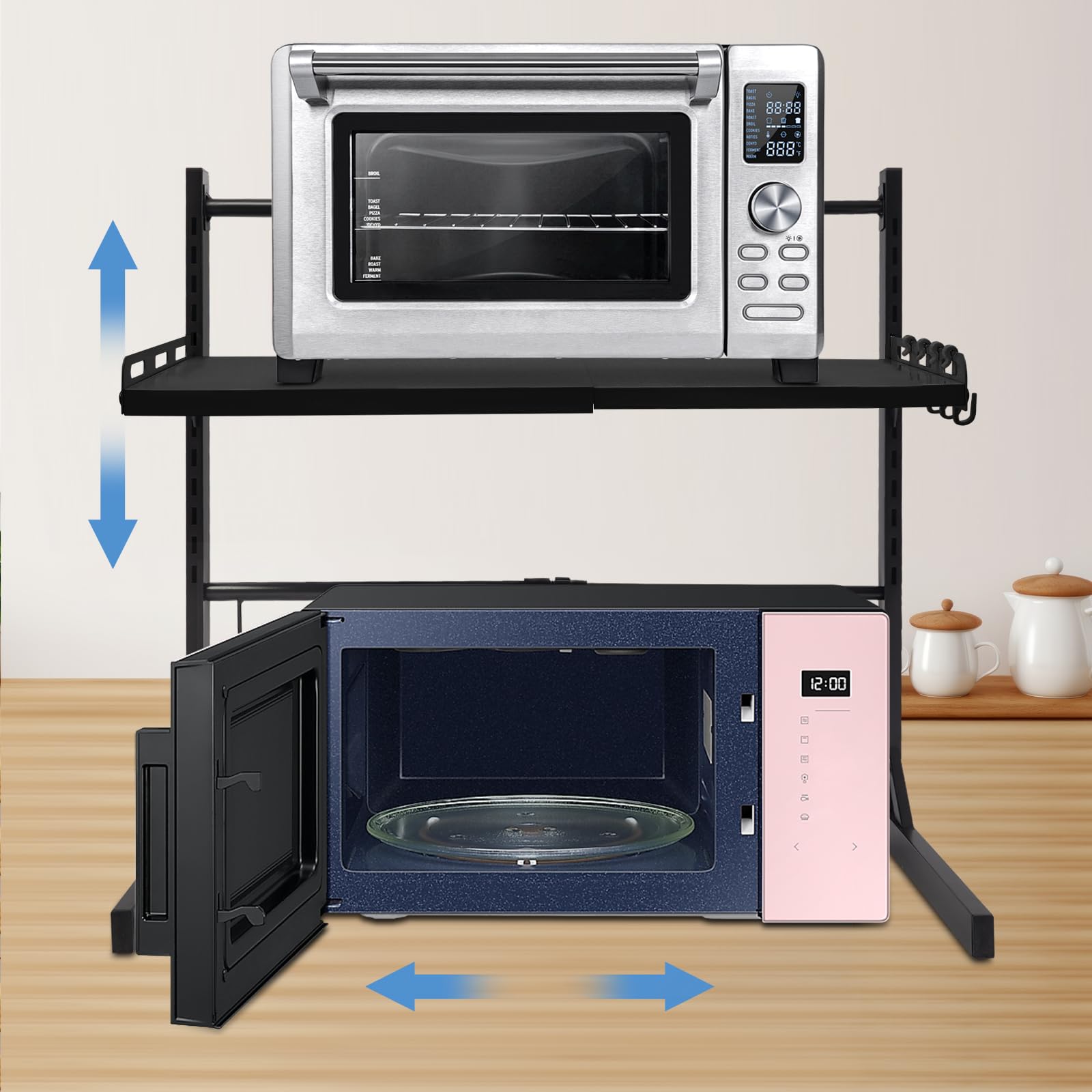 Étagère extensible pour micro-ondes avec 4 crochets, 2 niveaux, hauteur réglable de 27 à 52 cm, support pour micro-ondes, boulangerie, organisateur pour plans de travail de cuisine, noir