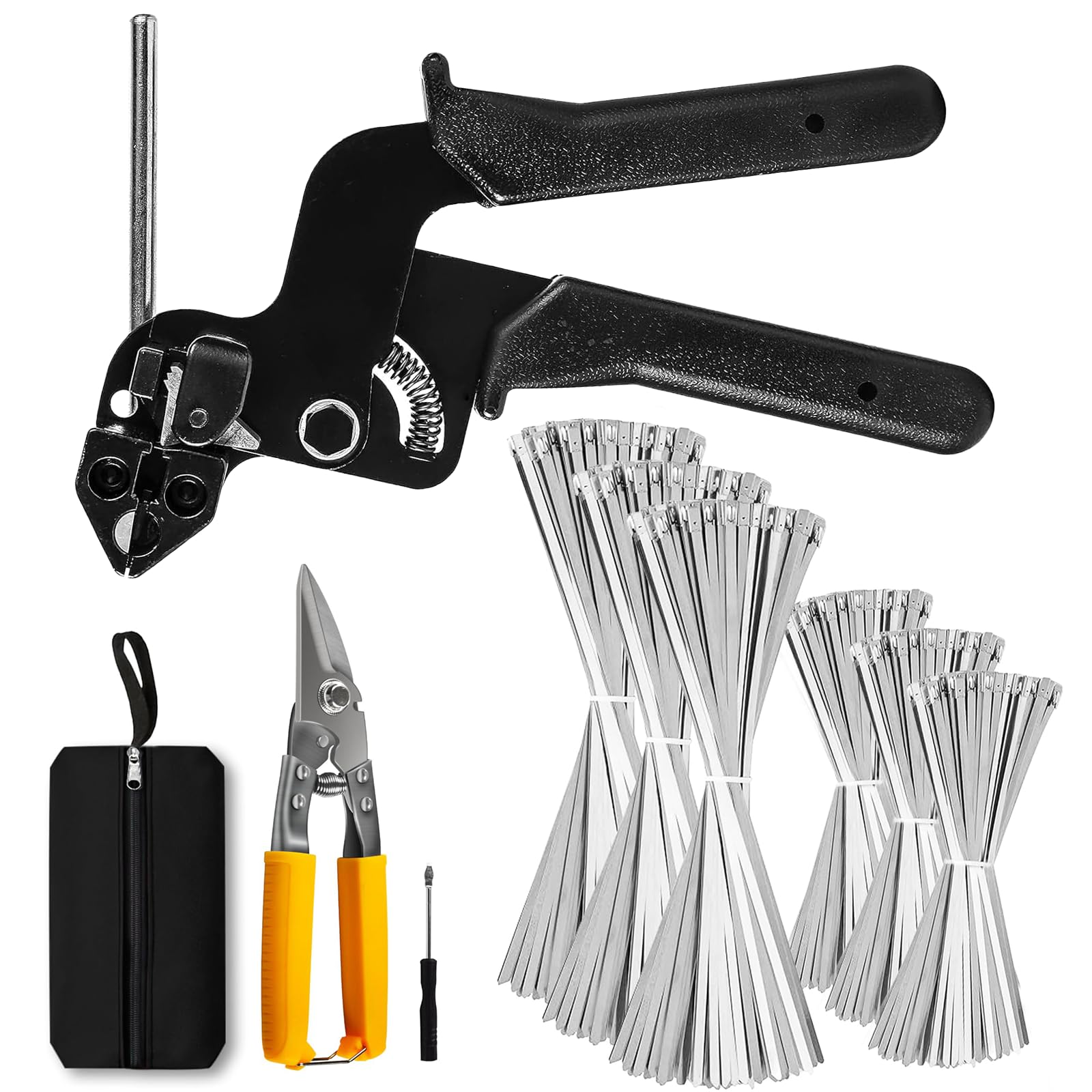 Profi Edelstahl Kabelbinderzangen Set inkl. 300 Stück Metallkabelbinder | (304er Stahl) - Spannwerkzeug & Metallbinderpistole mit Schneidfunktion - Set mit Zange & Tasche - für Industrie, Kfz