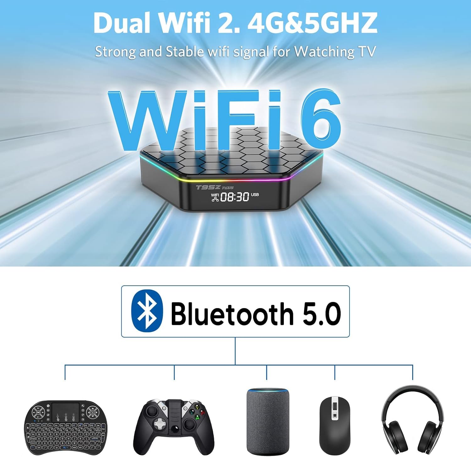 Android TV Box 12.0,T95ZPLUS H618 4GB RAM 32GB ROM Quad-Core Cortex-A53 CPU,2.4GHz/5GHz Dual Band WiFi6 6K Ultra HD Resolution Bluetooth 5.0,Android TV Box
