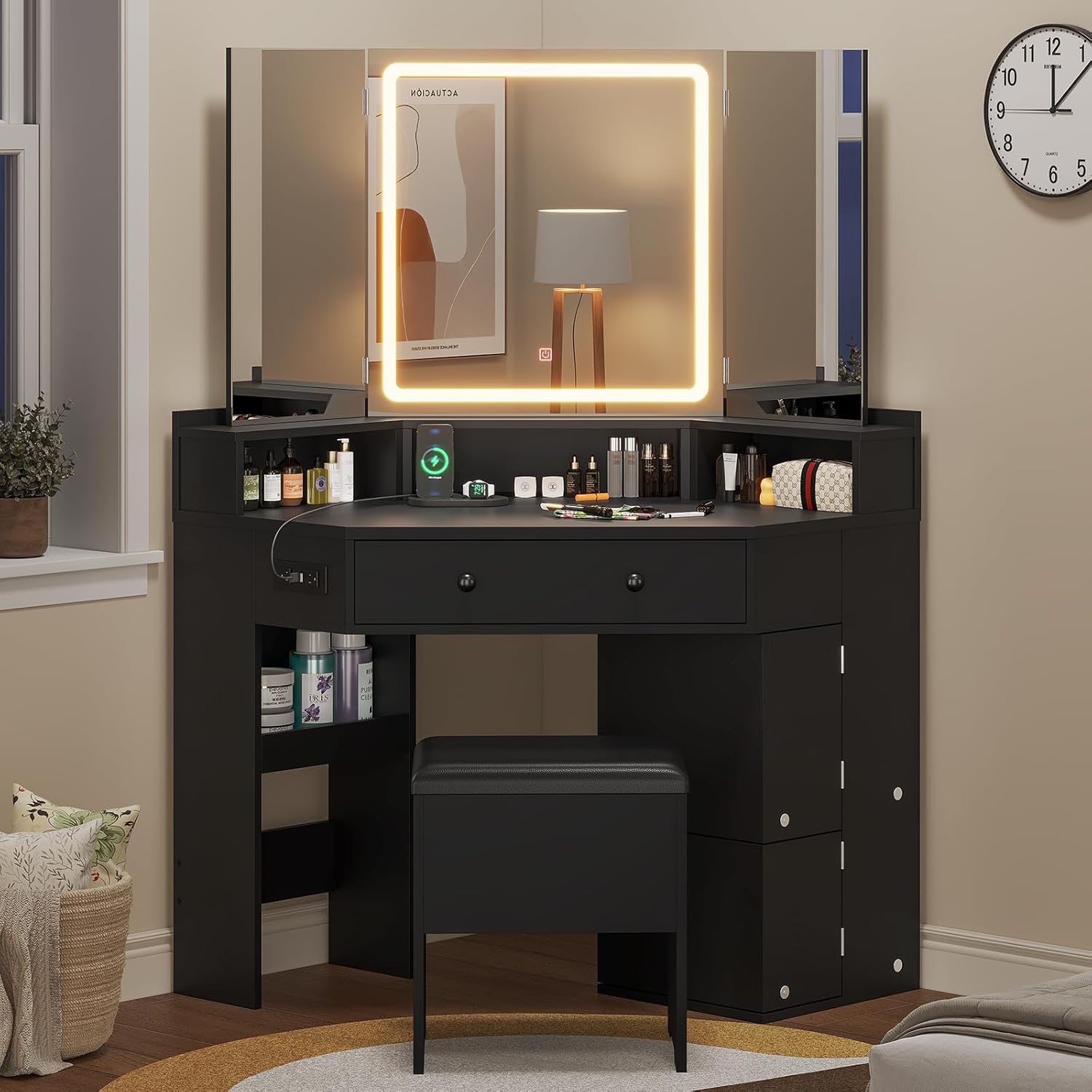 BTHFST Corner Vanity with Tri-Fold Mirror & Cushioned Storage Stool, Makeup Vanity with Charging Station, Vanity Desk with Mirror and Lights, Makeup Table with Drawers, Shelves, Black