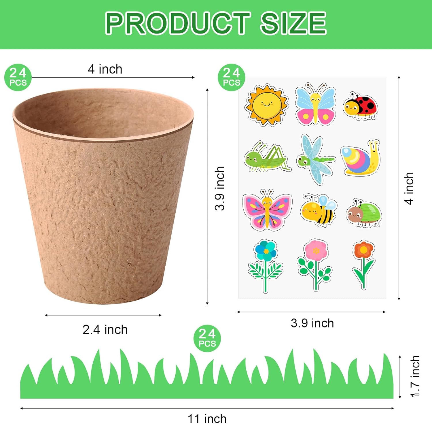 Sunnychicc 144 Pcs 4 Inch Garden Paper Pot Craft Kit Spring Crafts Bulk Including Round Paper Mache Pots Adhesive Foam Sticker EVA Grass Sticker Mother's Day DIY Planting Growing Garden Kit