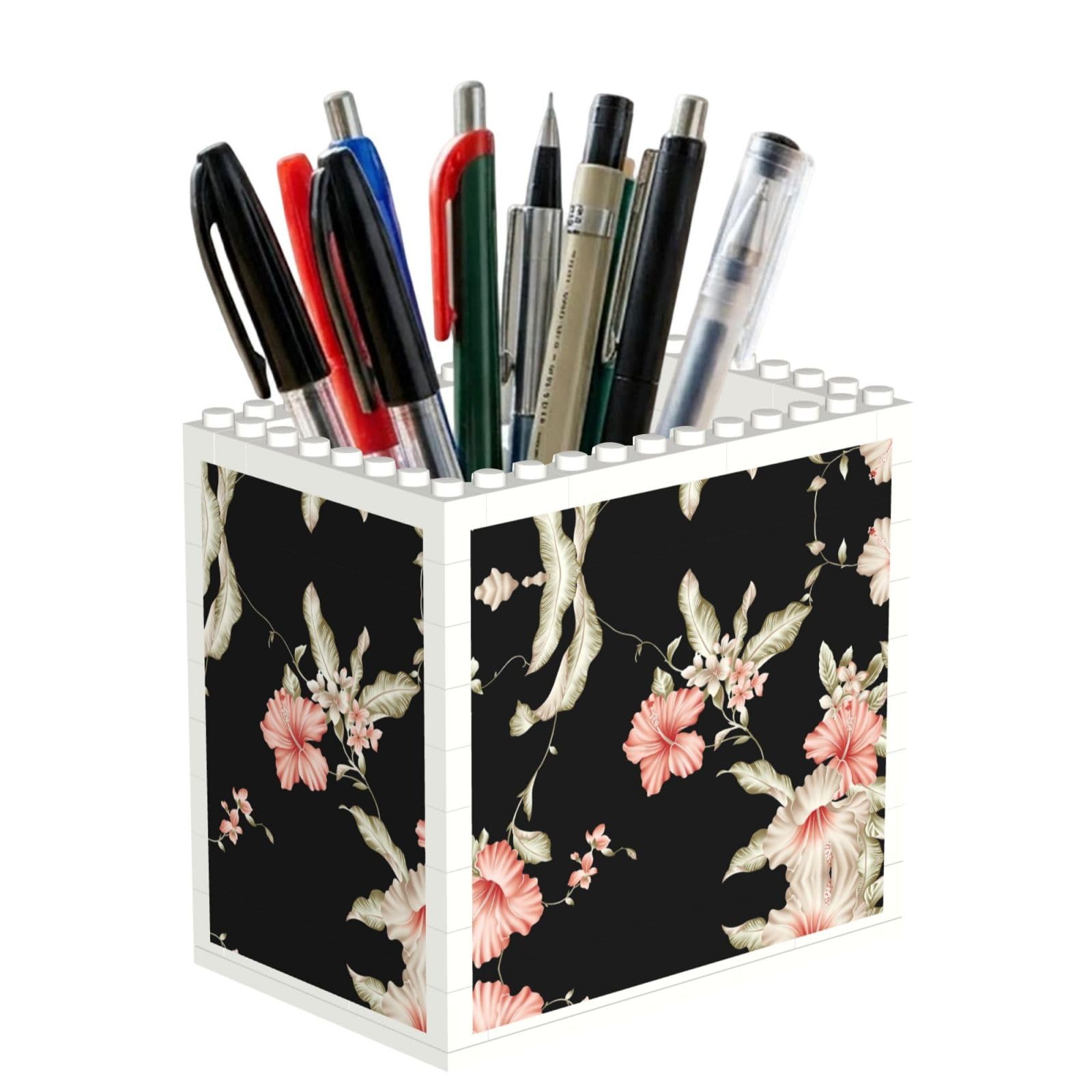 SATUSA Flower Print Building Block Texture Pen Holder - Pencil Holder For Desk Pen Organizer,Aesthetic Desk Accessories For Women(1pcs)